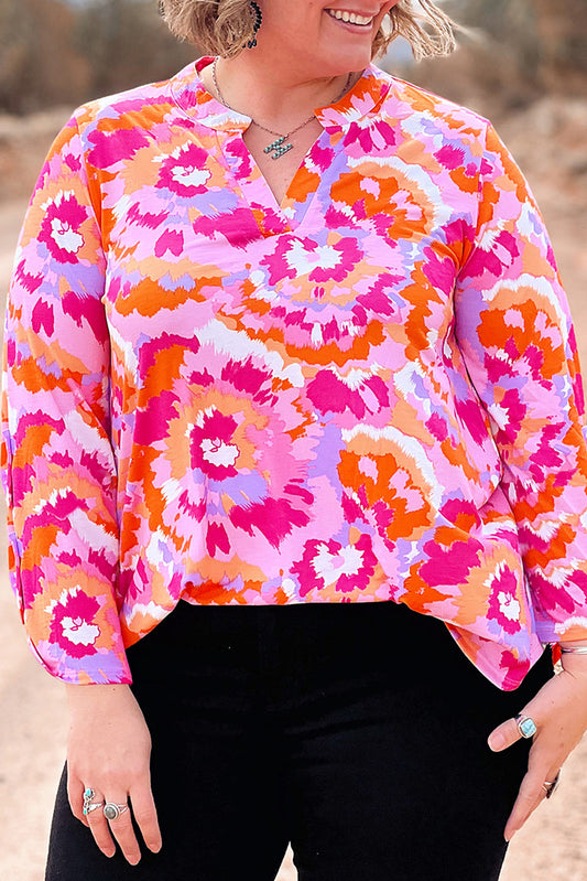 Pink Plus Size Abstract Print V Neck Blouse