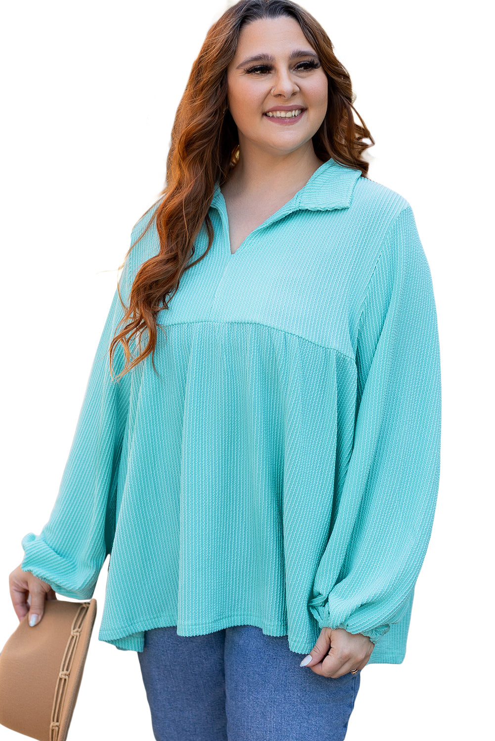 Turquoise Balloon Sleeve Corded Plus Babydoll Top