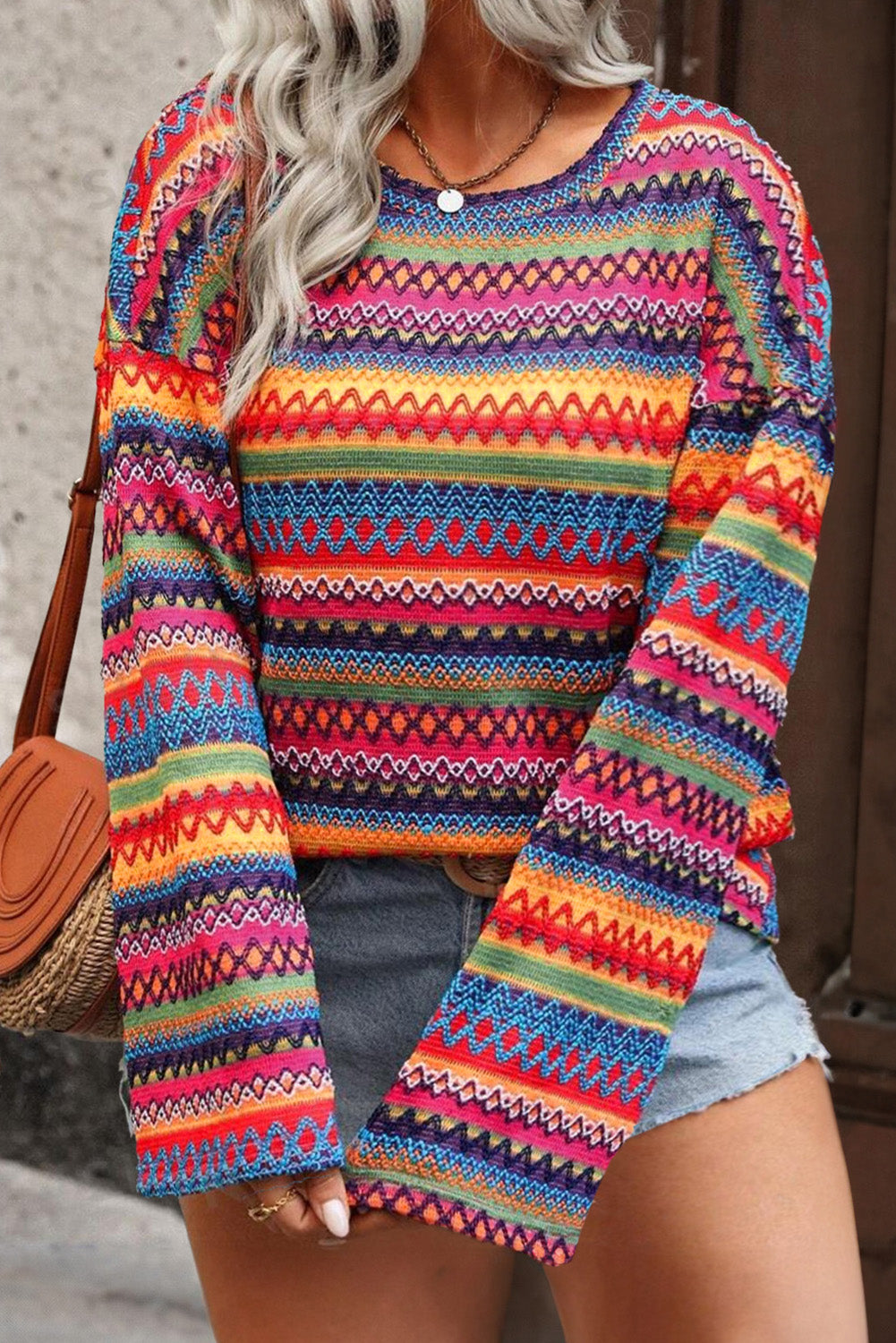 Multicolor Striped Print Long Sleeve Plus Size Knit Top