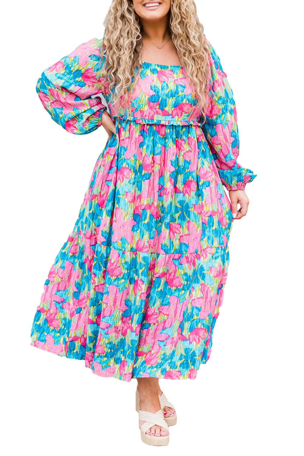 Sky Blue Floral Allover Print Square Neck Plus Size Maxi Dress