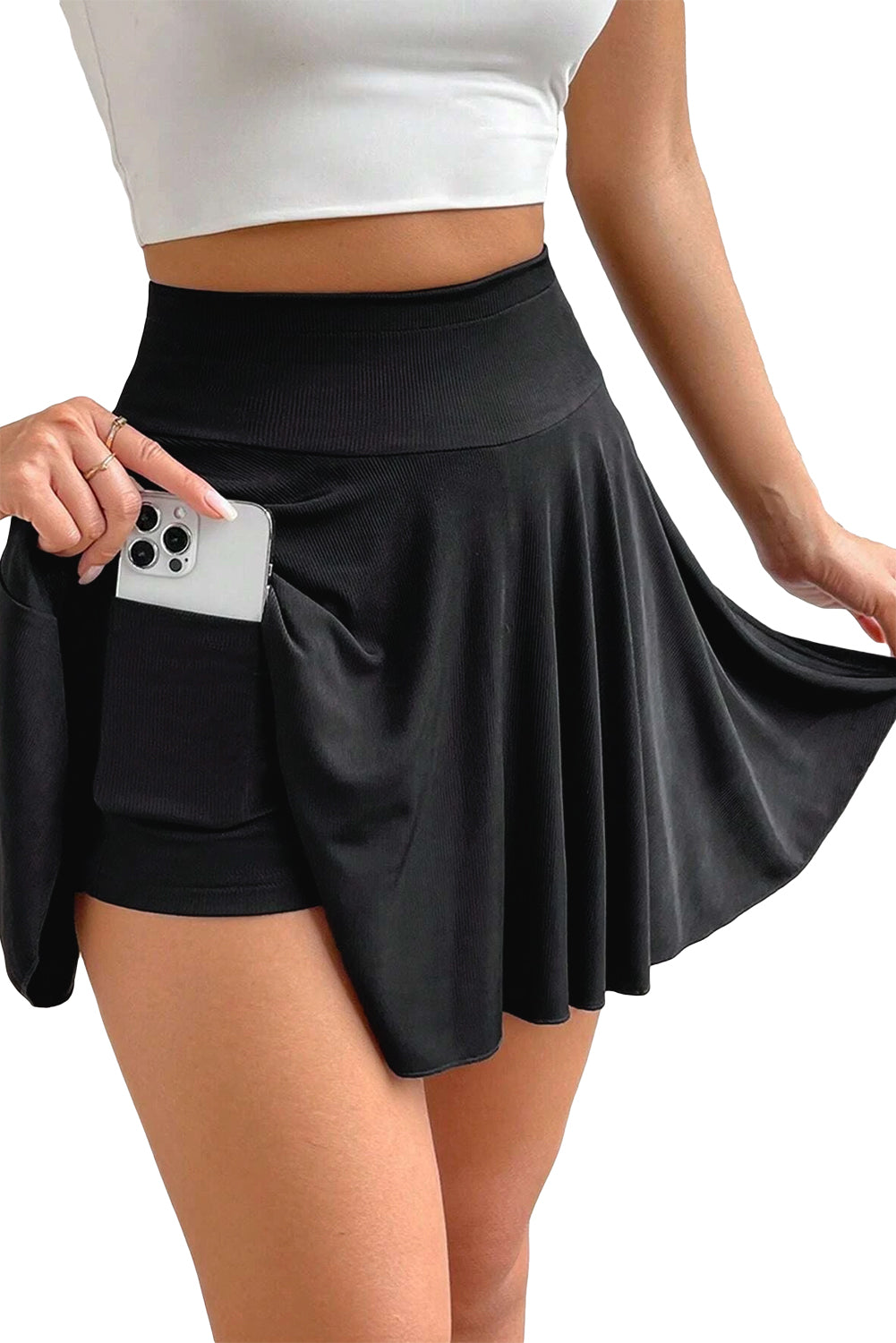 Black A-line Draped High Waist Pocketed Lined Skort