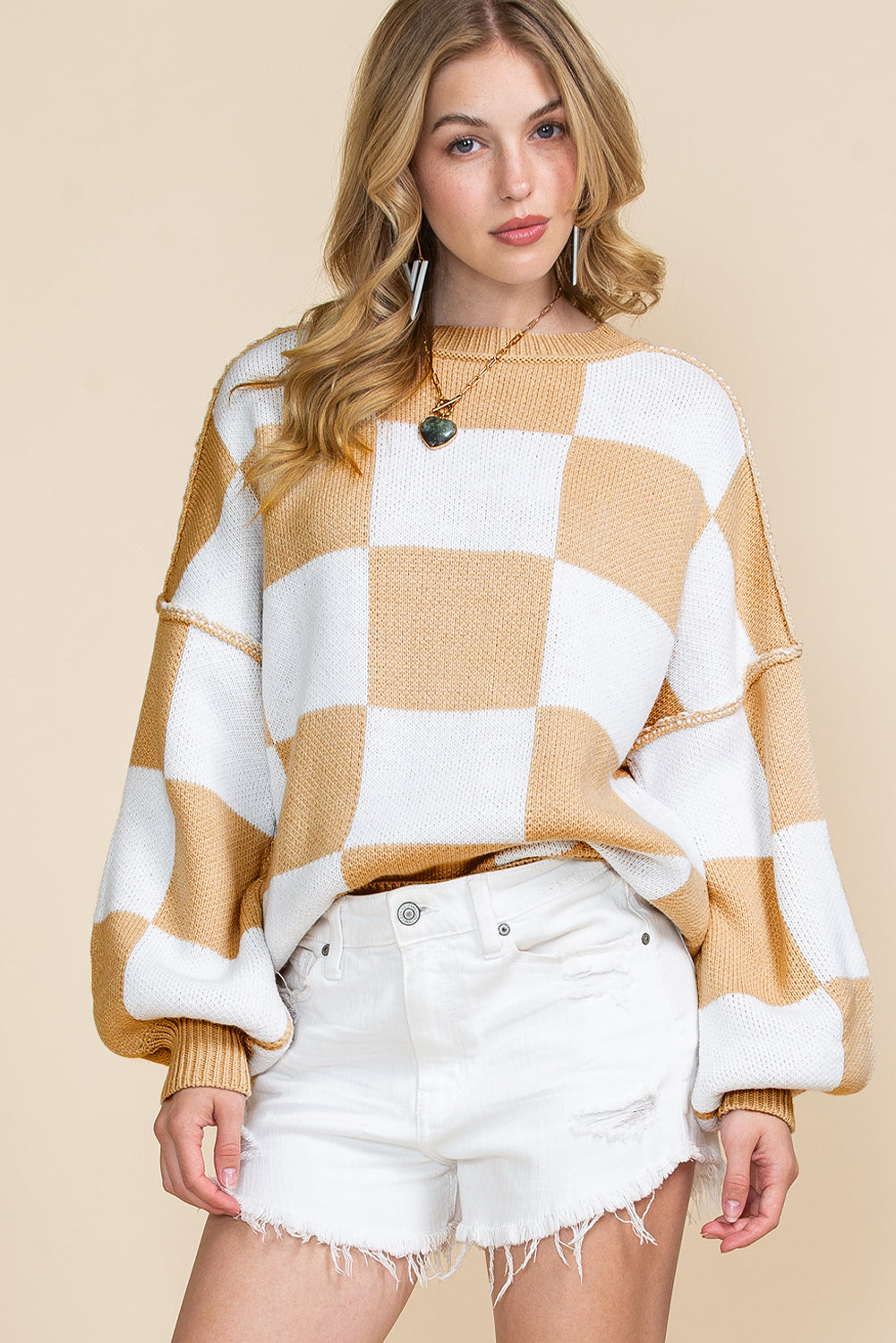 Rose Checkered Bishop Sleeve Pullover Sweater