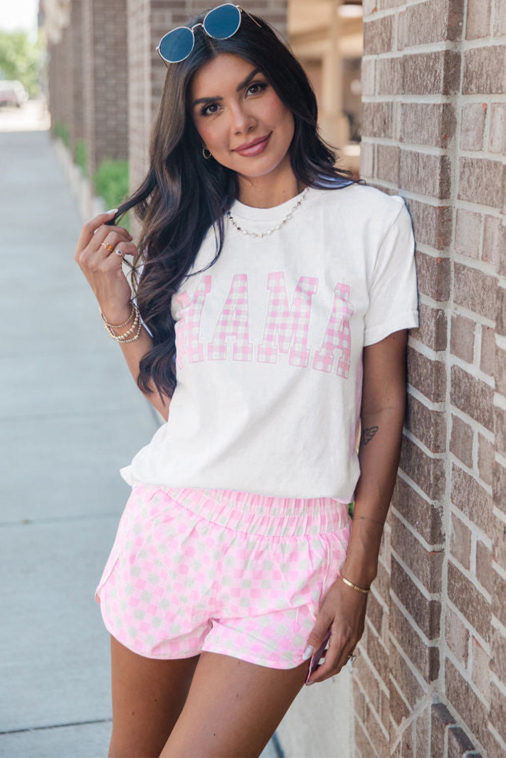 White MAMA Printed Tee and Plaid Shorts Set