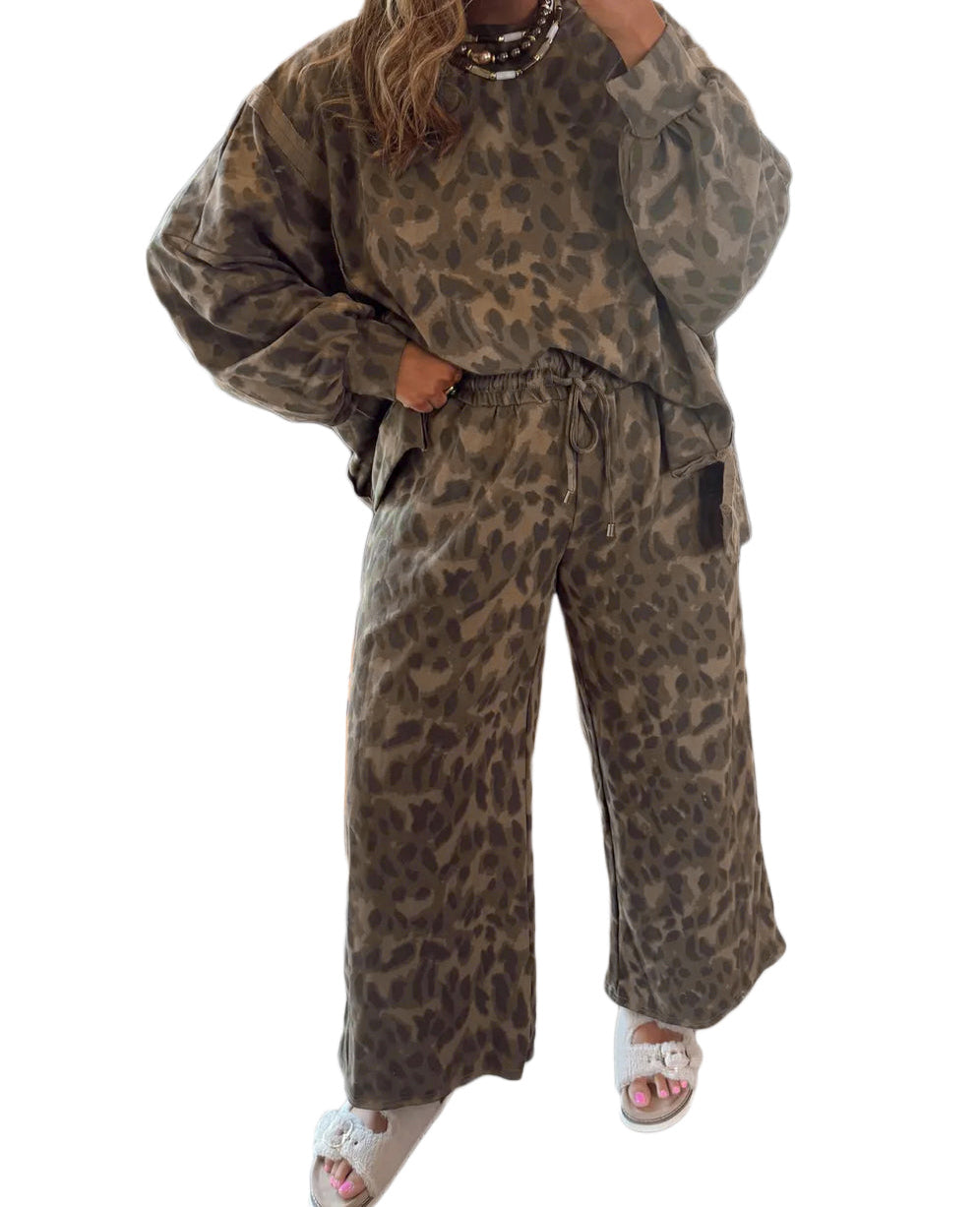 Brown Allover Leopard Print Pullover Drawstring Loose Pants Set