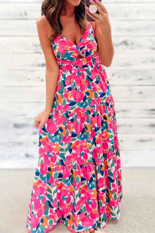 Rose Floral Twist V Neck Tiered Cami Maxi Dress