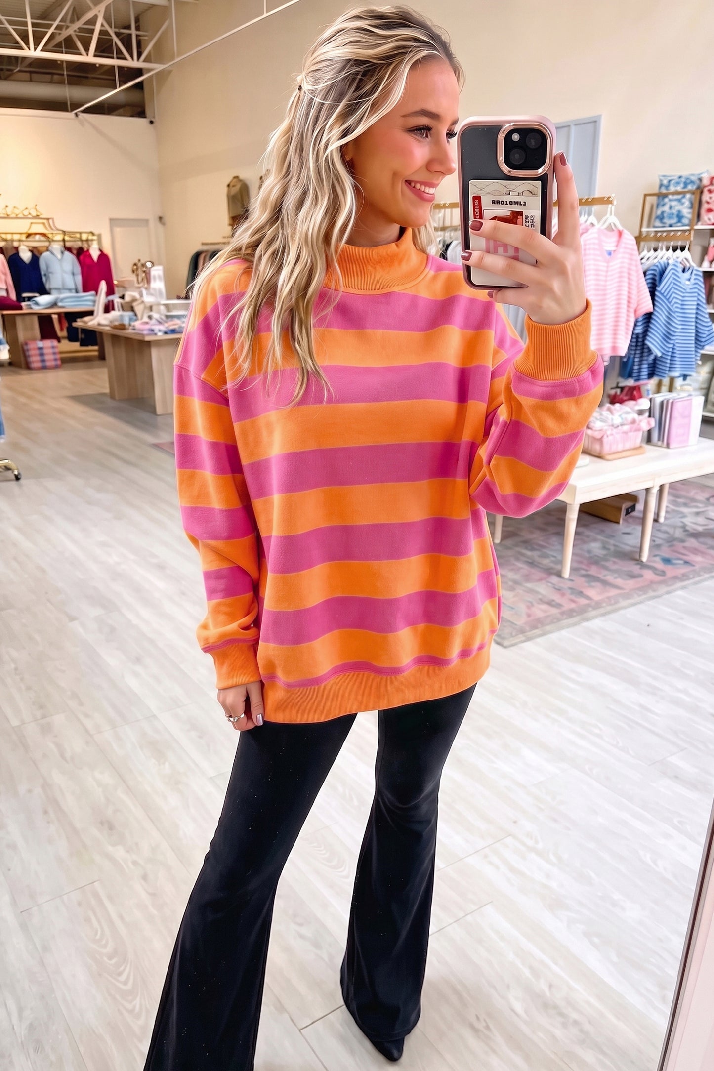 Orange Stripe Colorblock Mock Neck Relaxed Sweatshirt
