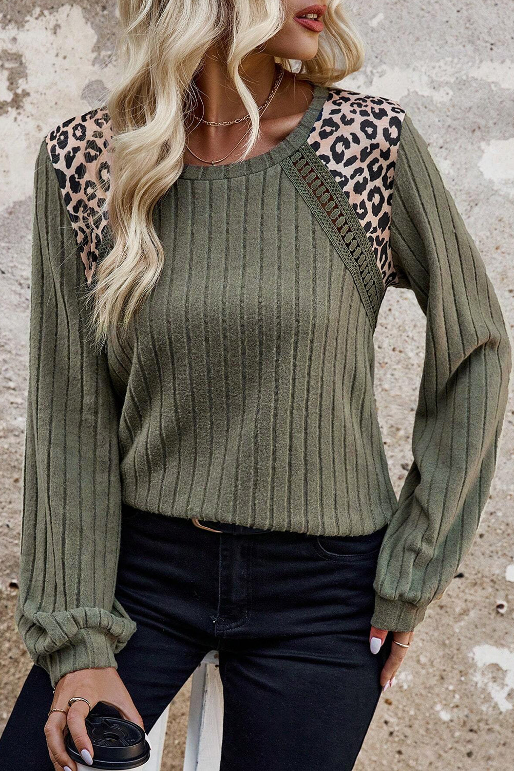 Moss Green Leopard Print Patchwork Crochet Rib Textured Top