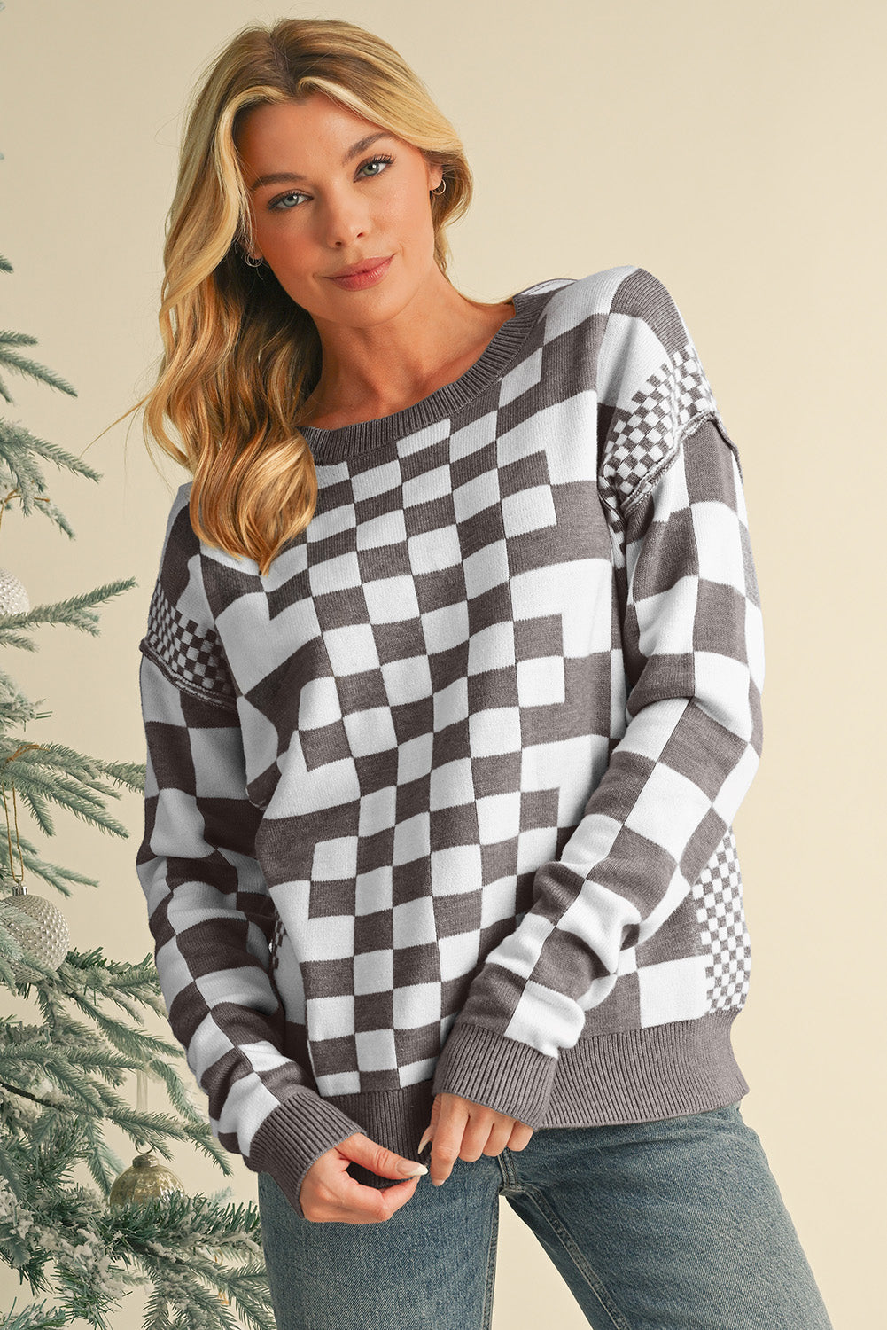 Khaki Checkered Drop Shoulder Round Neck Sweater