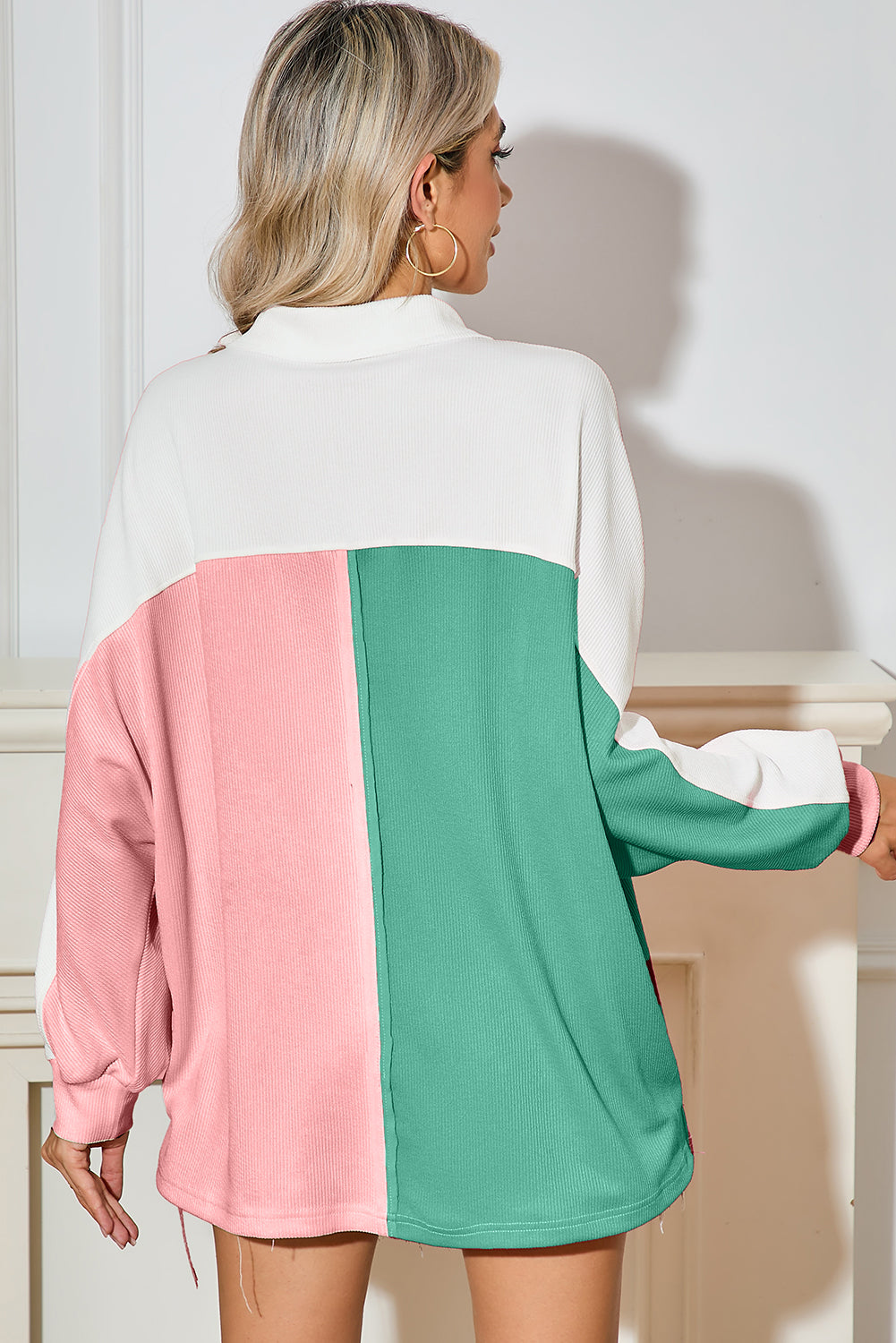 Rose Red Colorblock Patchwork Ribbed Oversized Henley Sweatshirt