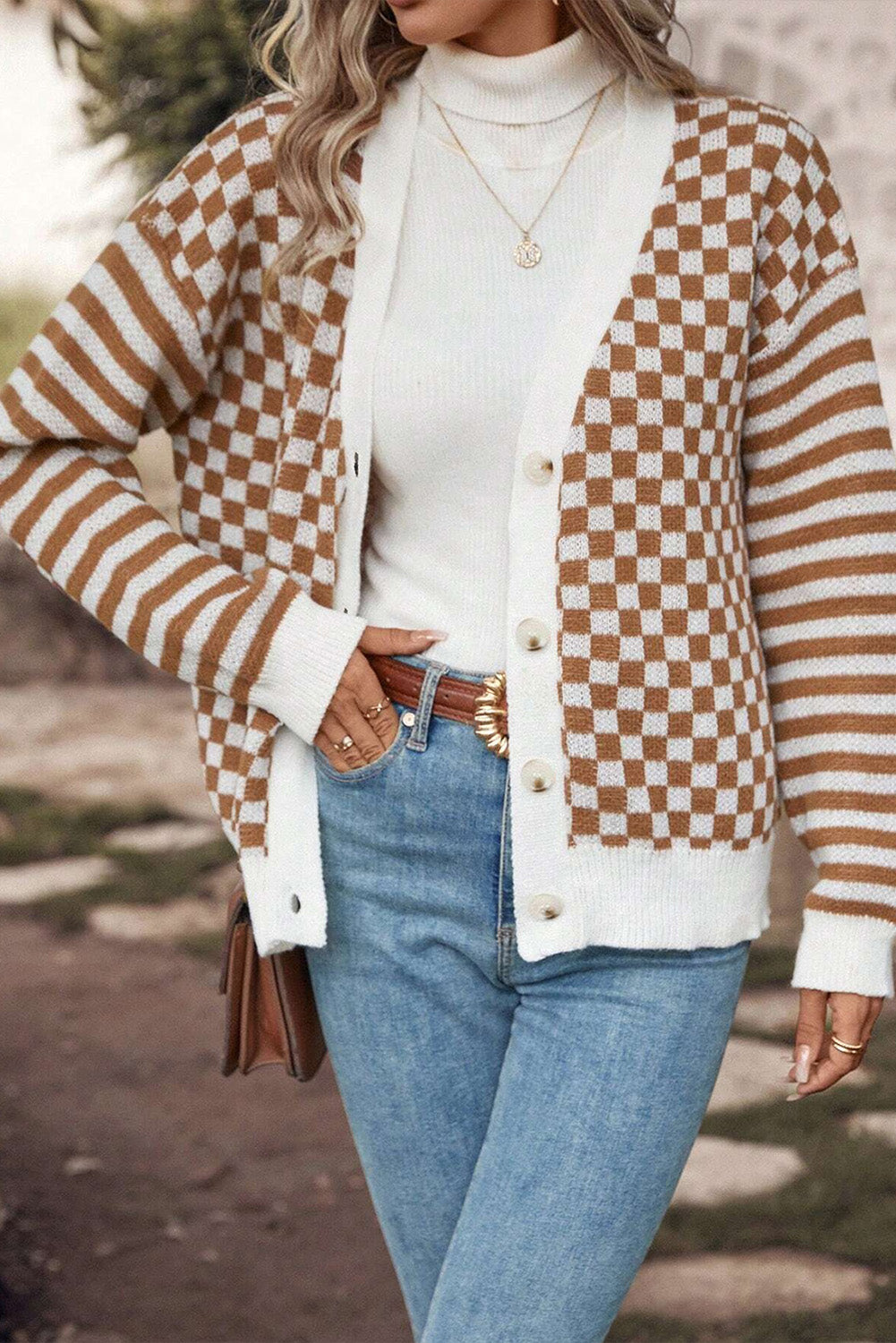 Brown Checkered Striped Patched Buttoned V Neck Cardigan