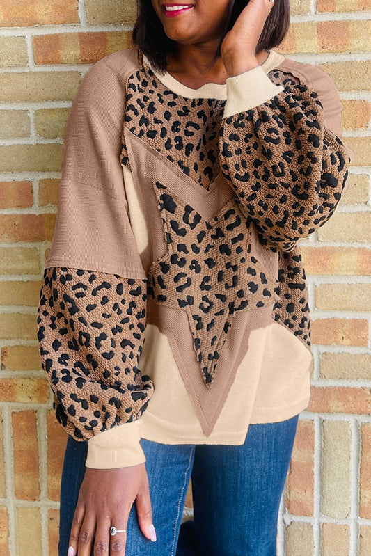Light French Beige Star Leopard Patchwork Sweatshirt
