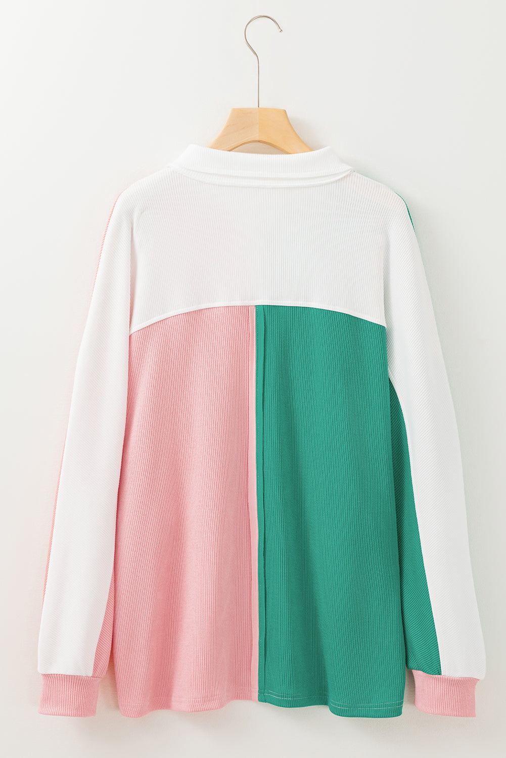 Rose Red Colorblock Patchwork Ribbed Oversized Henley Sweatshirt