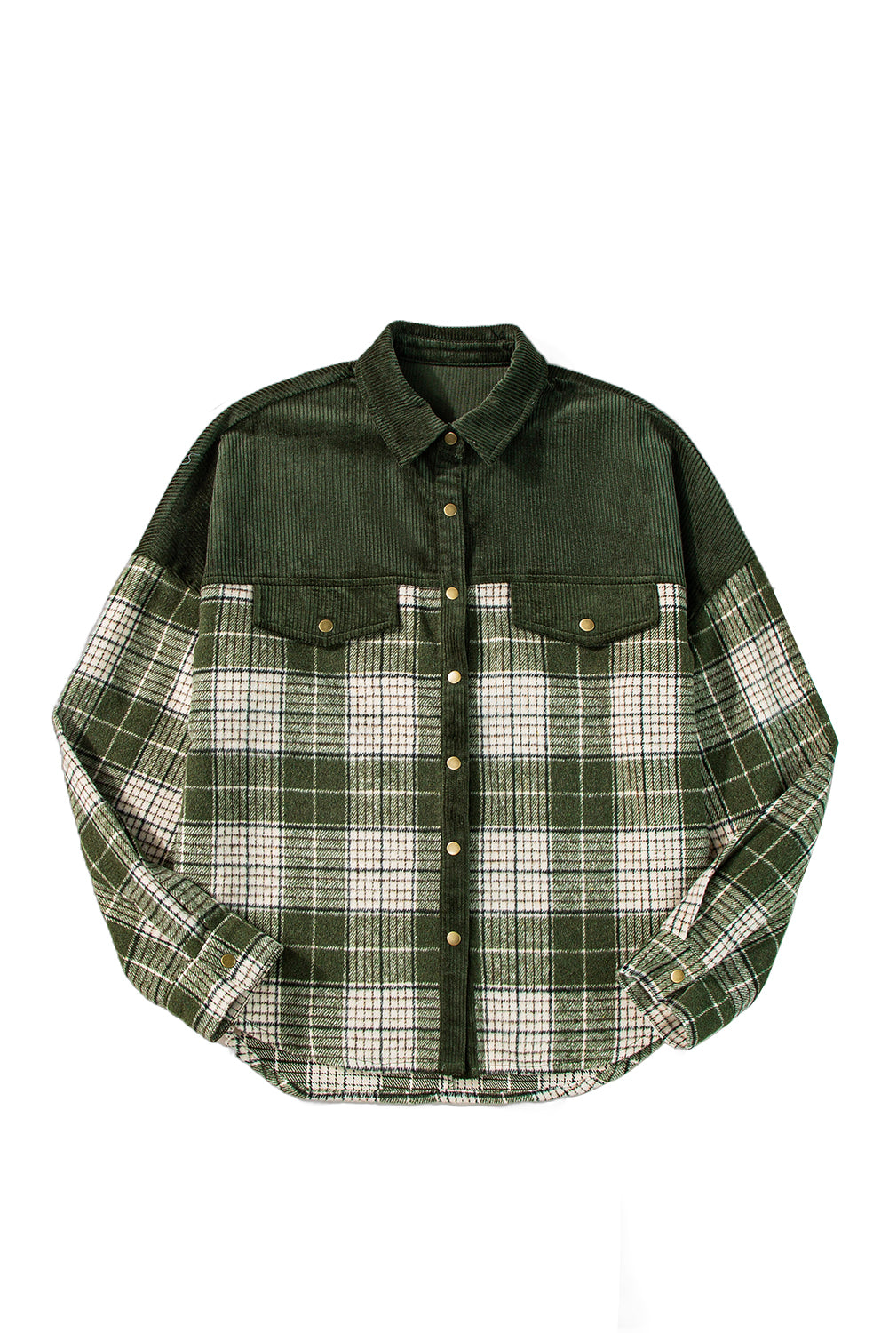 Blackish Green Snap Buttons Patchwork Plaid Shacket