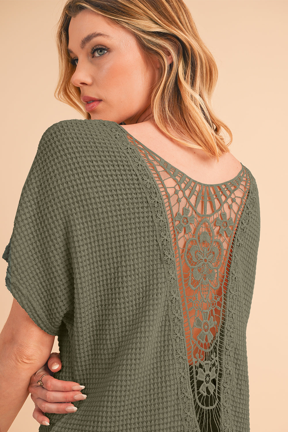 Oatmeal Lace Back Waffle Textured T-shirt