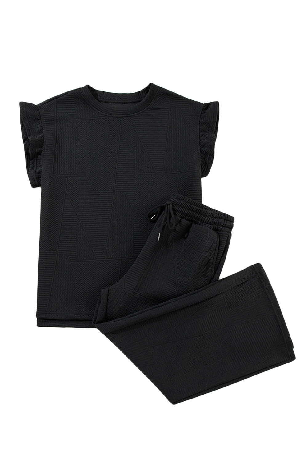 Black Textured Ruffle Summer Top and Drawstring Pants Set