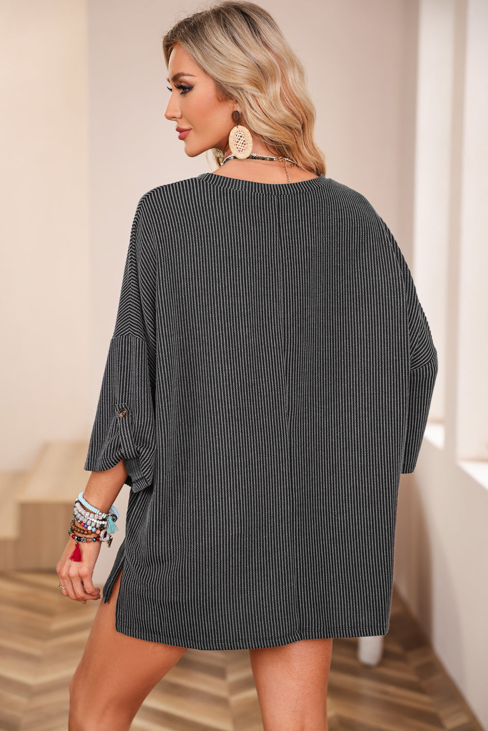 Gray Ribbed Roll-tab Sleeve Chest Pocket Oversize Top