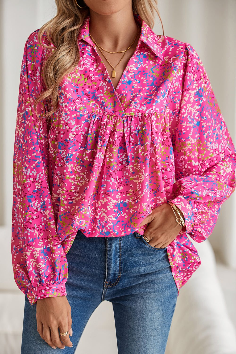 Pink Dotted Puff Sleeve V Neck Blouse