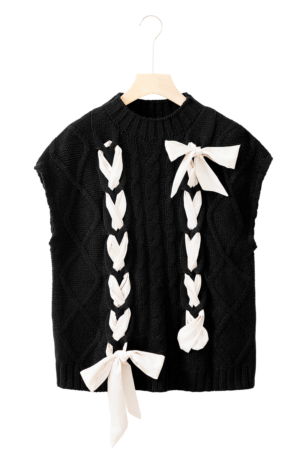 White Sweet Satin Bowknot Cable Knit Top