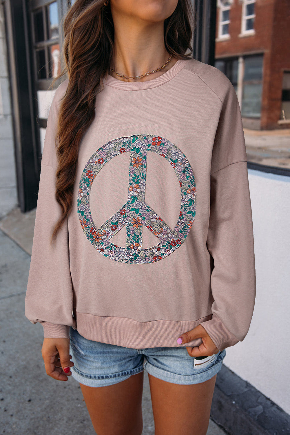 Floral Peace Sign Drop Shoulder Sweatshirt