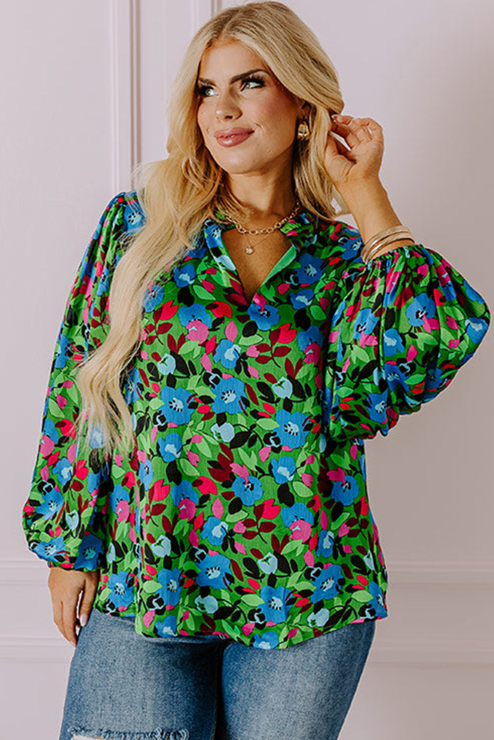 Green Plus Size Floral Puff Sleeve V Neck Blouse