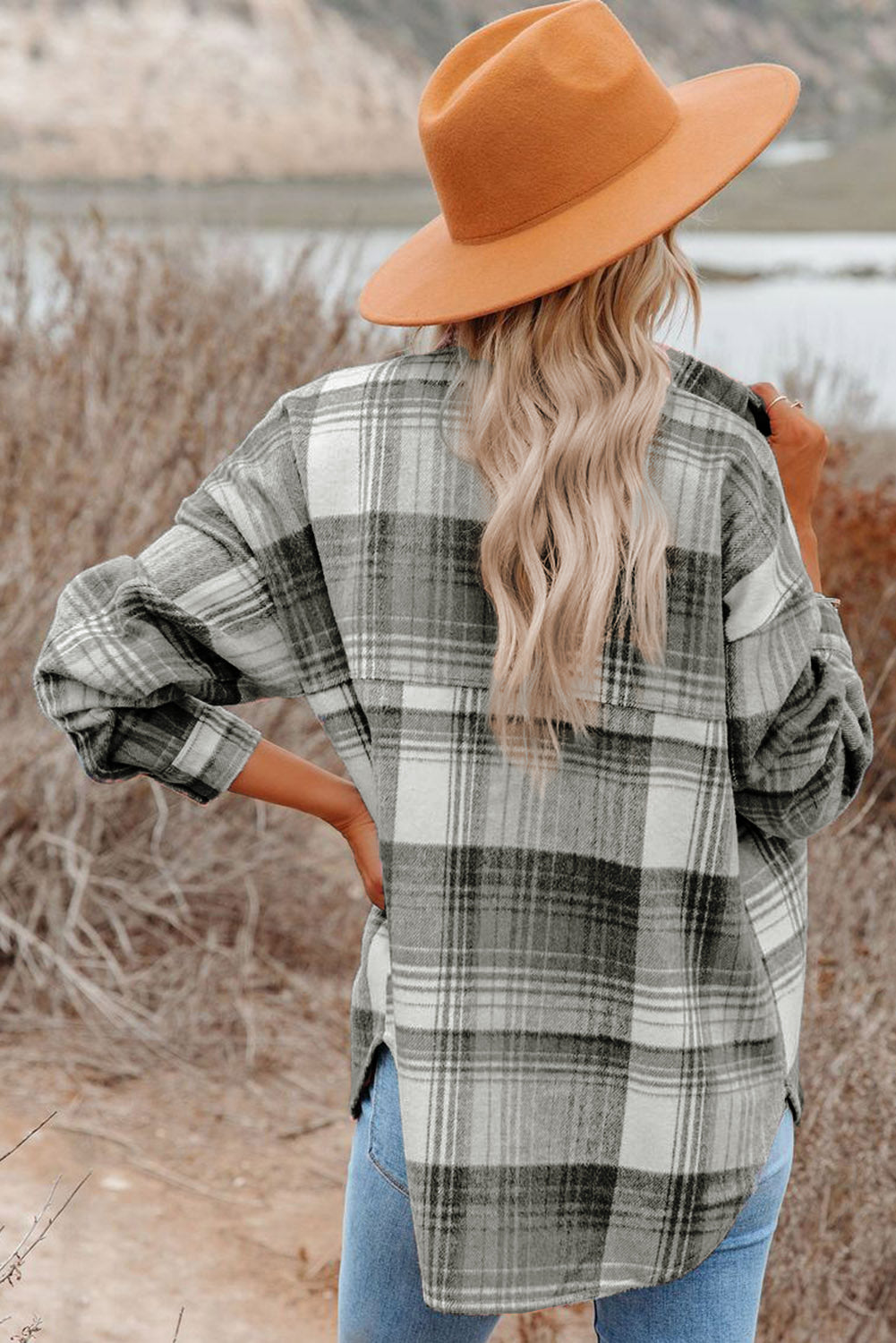 Pink & Grey Plaid Button Up Collared Flannel Shacket