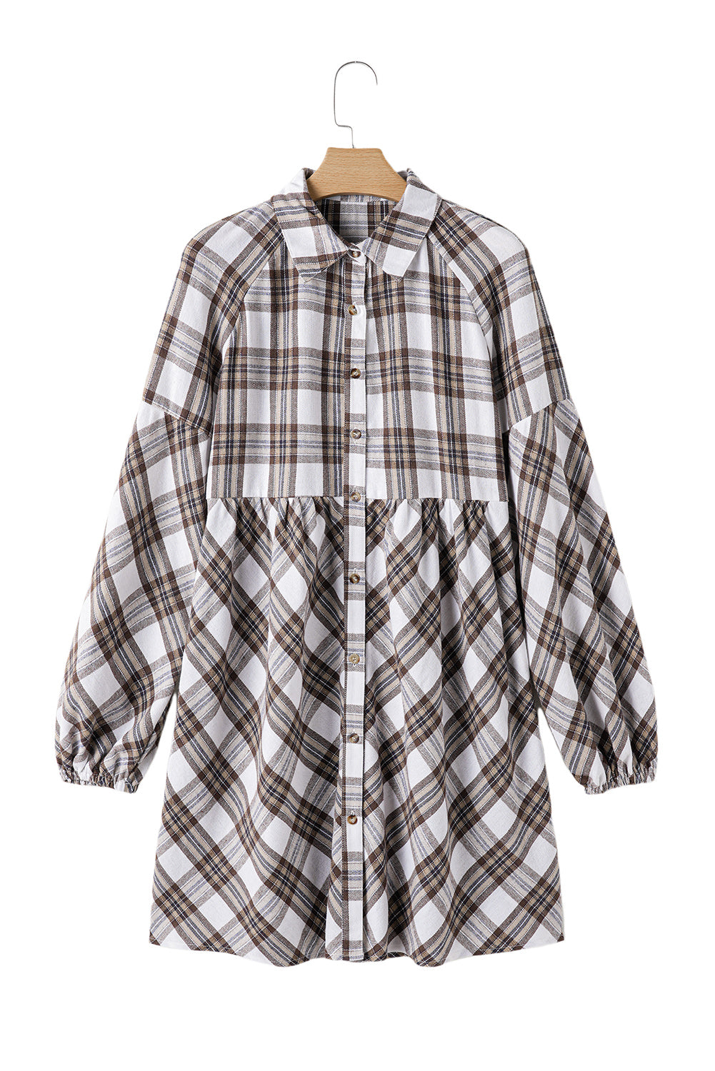 White Plaid Bubble Sleeve Flowy Shirt Dress