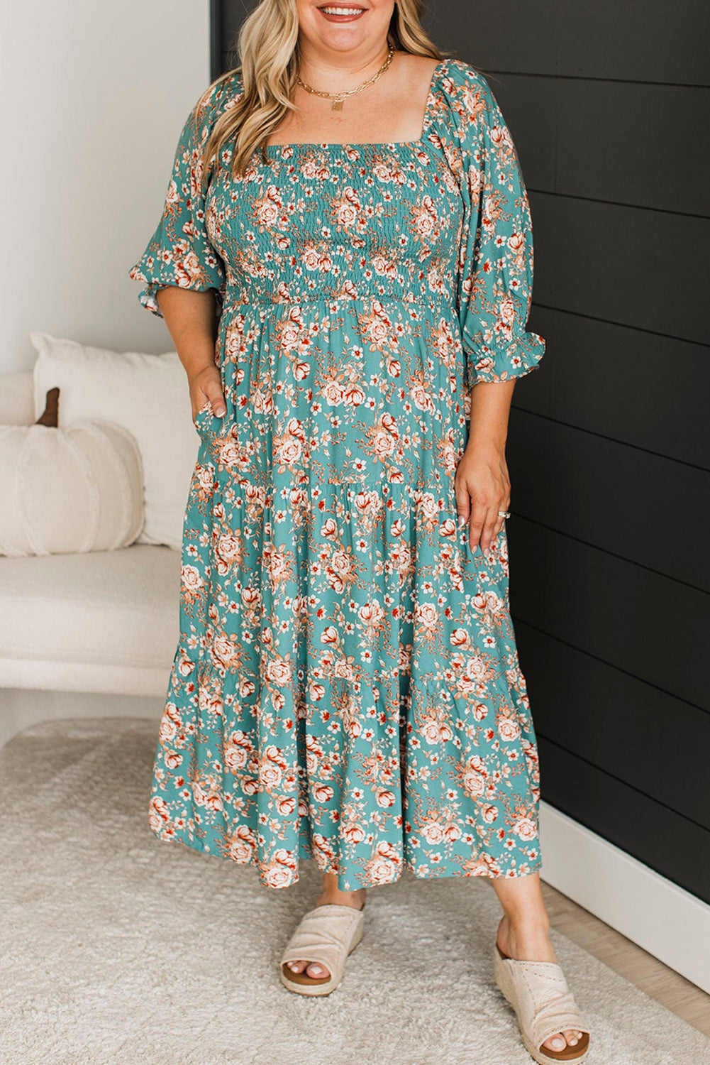 Green Plus Size Floral Print Smocked Tiered Maxi Dress