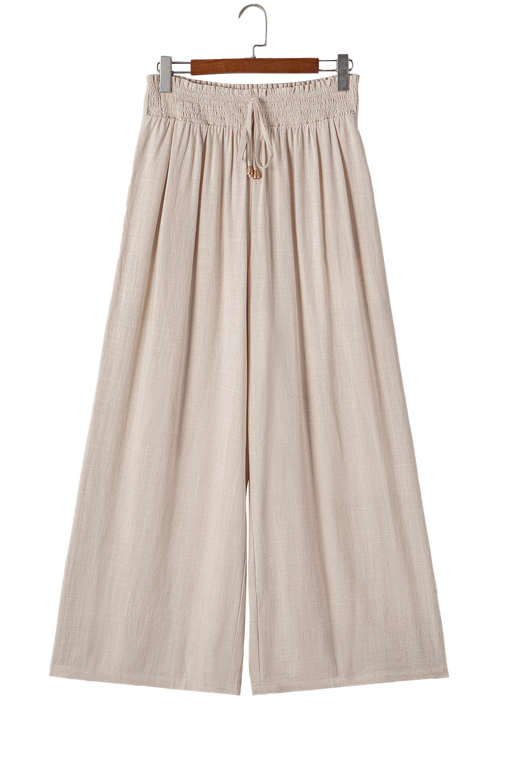 Beige Frill Smocked Waist Wide Leg Plus Size Pants