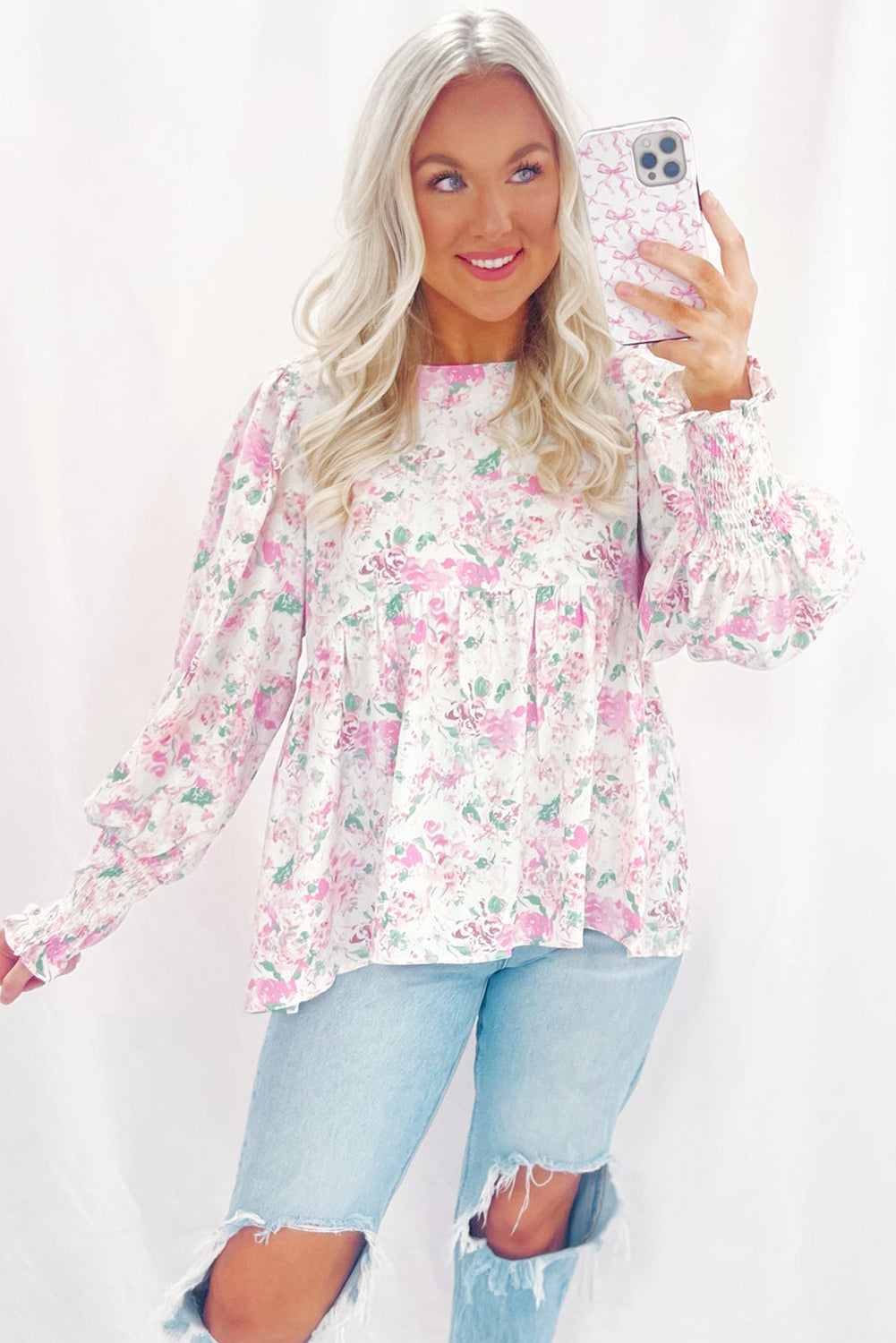 Pink Floral Print Shirred Cuffs Keyhole Back Babydoll Blouse