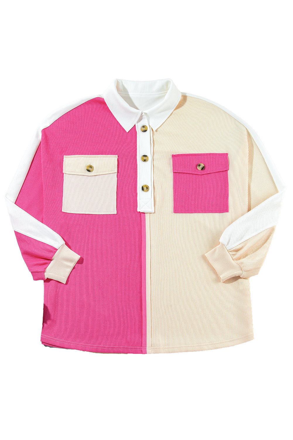 Rose Red Colorblock Patchwork Ribbed Oversized Henley Sweatshirt