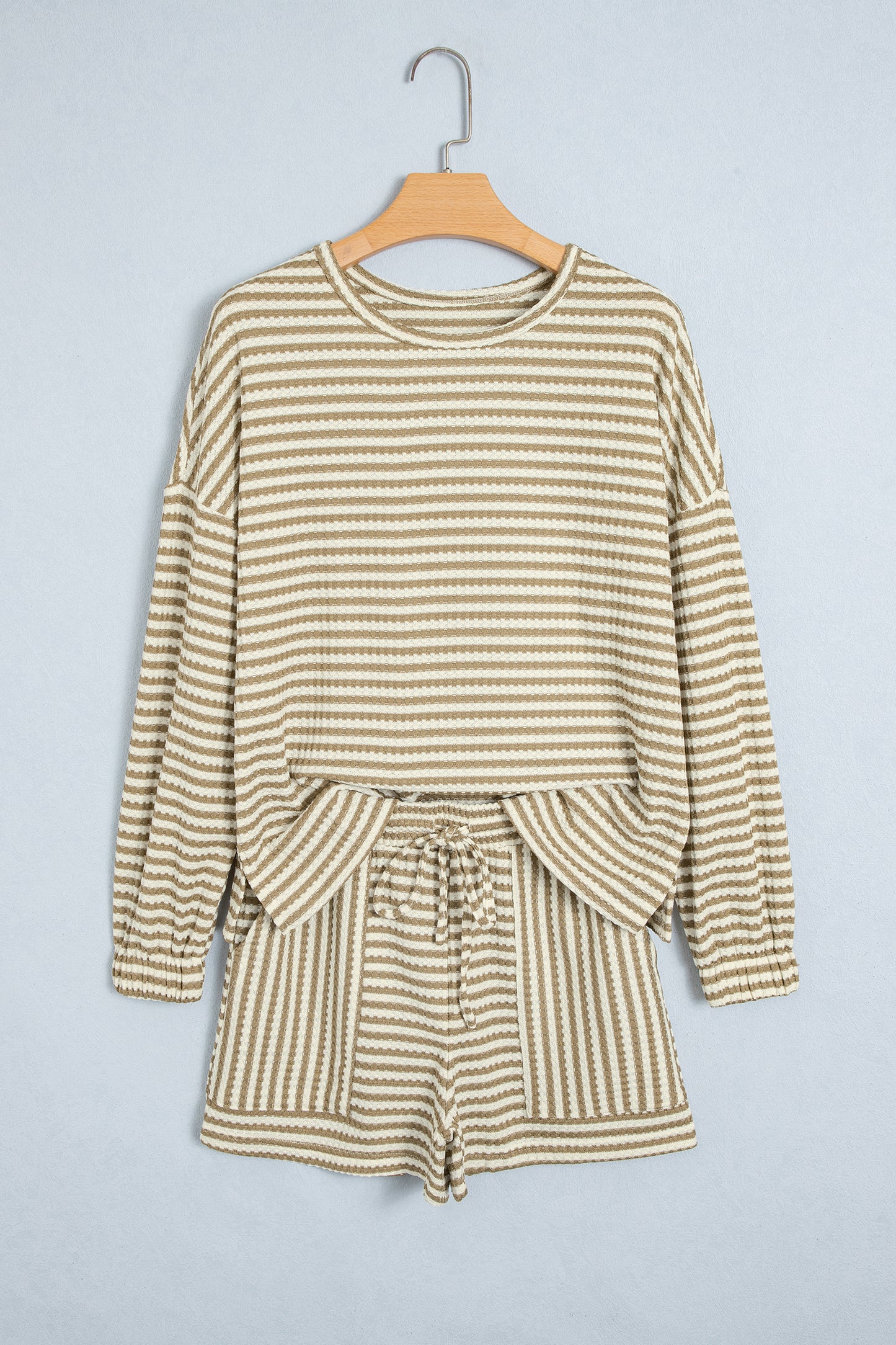 Brown Stripe Textured Knit Long Sleeve Top Elastic Waist Shorts Casual Outfit