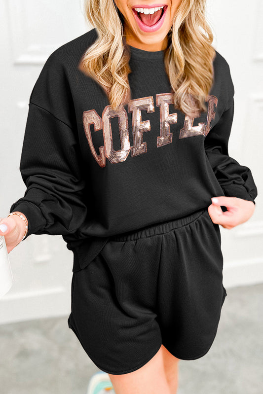 Black Sequins COFFEE Loose Fit Sweatshirt and Shorts Set