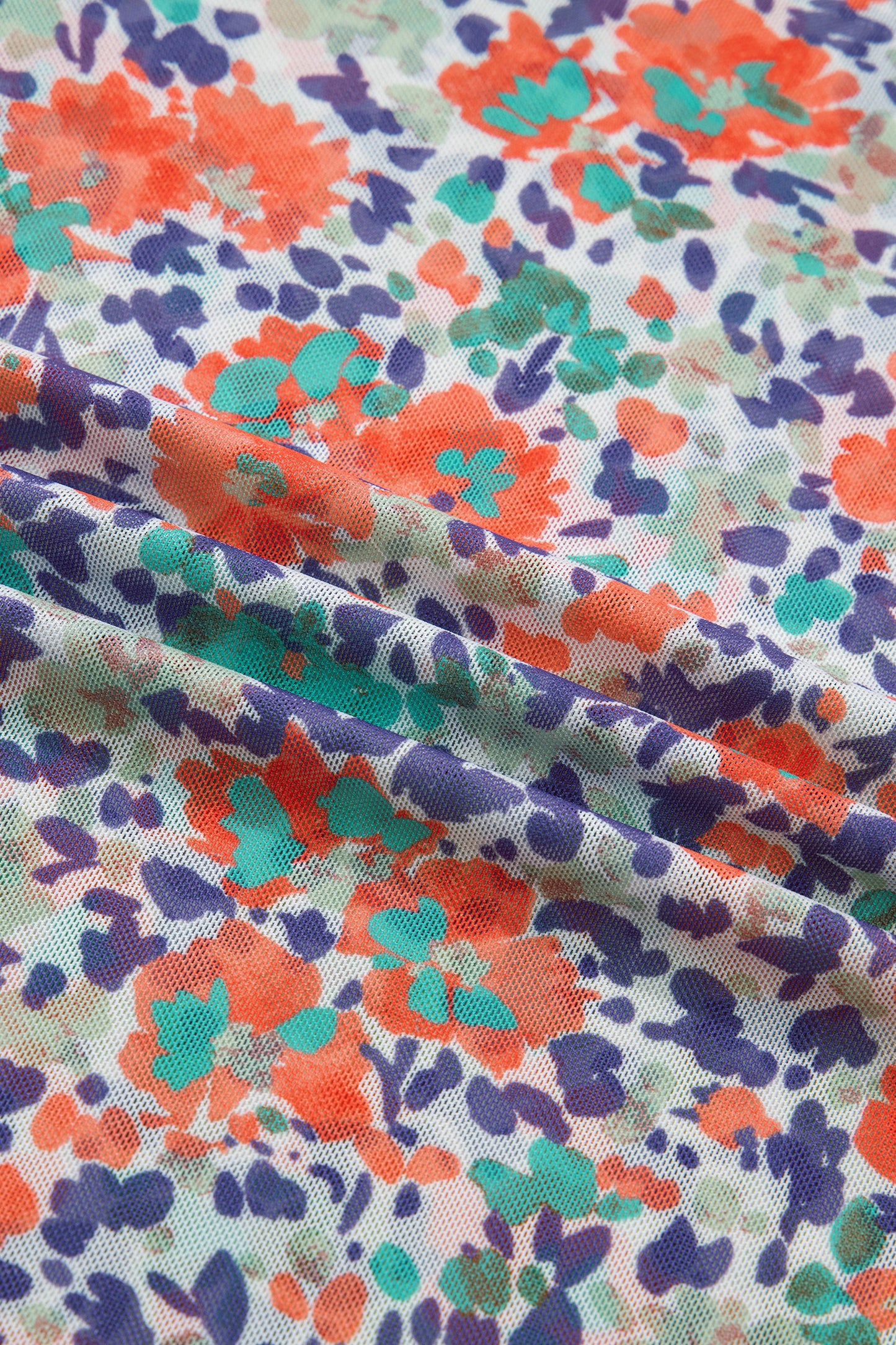 Blue Floral Print Slim Fit Mesh Long Sleeve Mock Neck Top