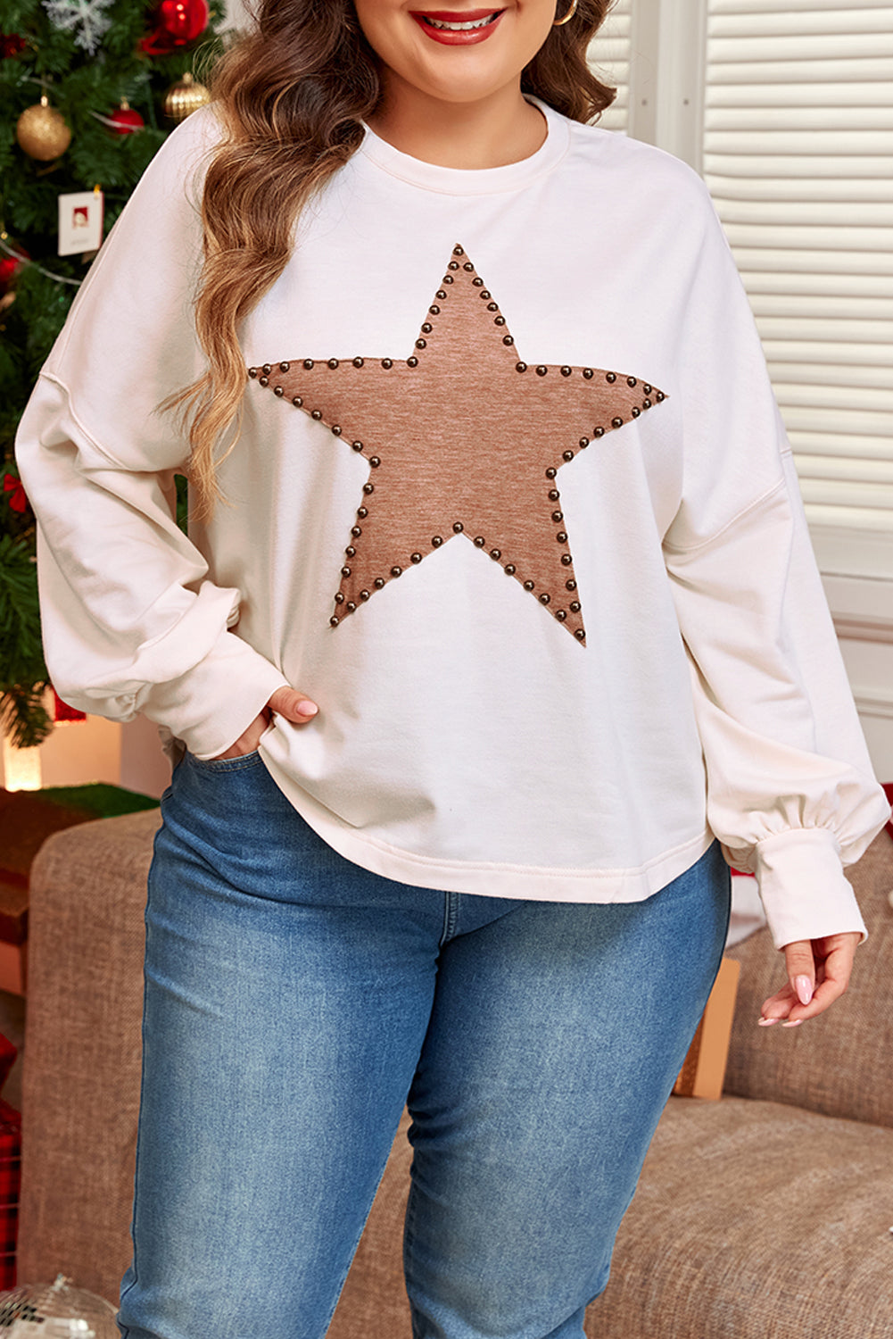 Beige Star Pattern Studded Crew Neck Plus Size Top