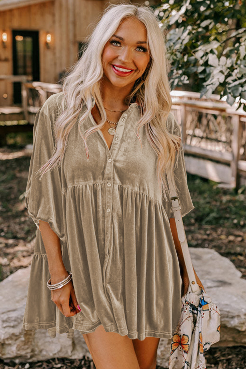 Khaki Lantern Sleeve Tunic Babydoll Velvet Shirt