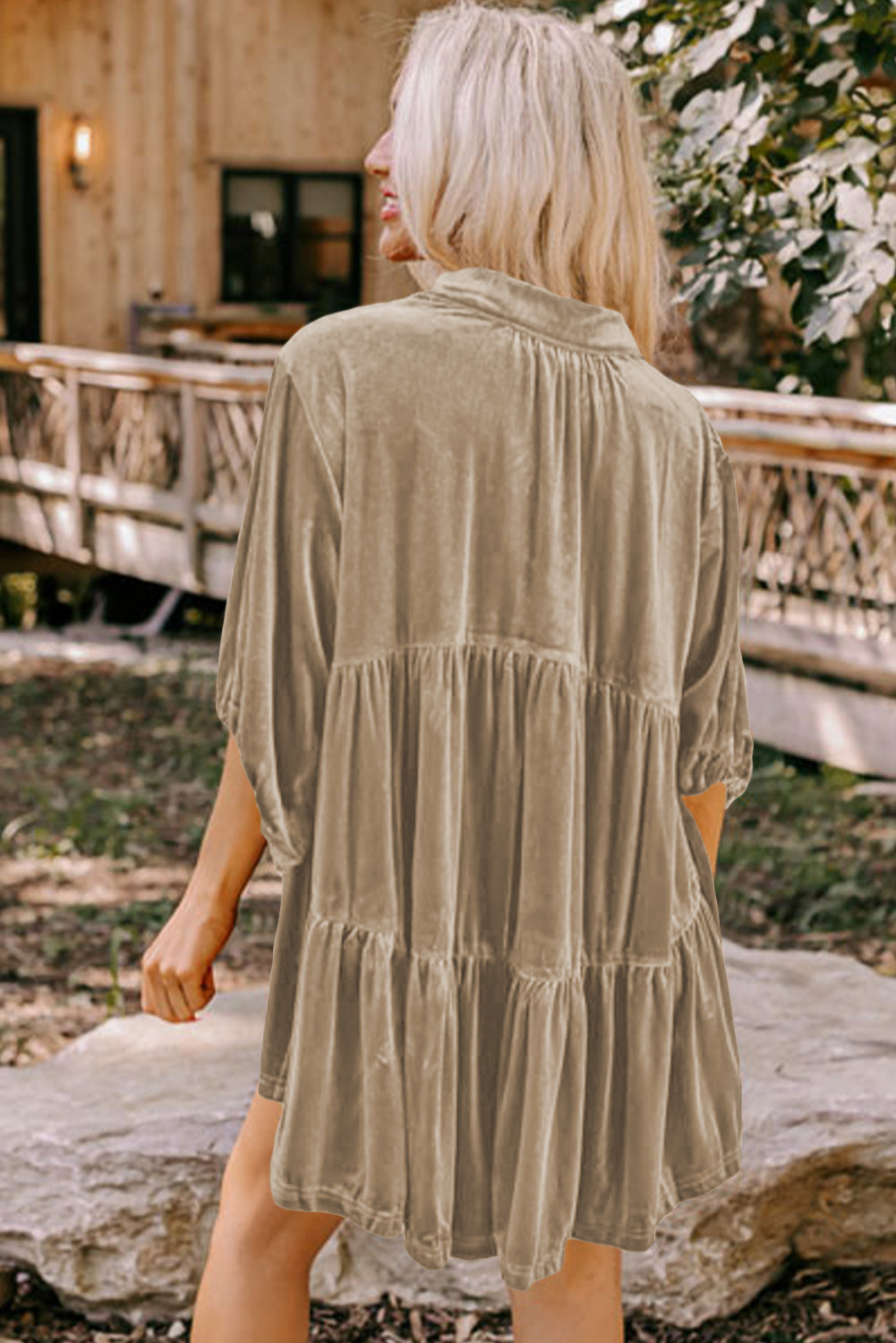 Khaki Lantern Sleeve Tunic Babydoll Velvet Shirt