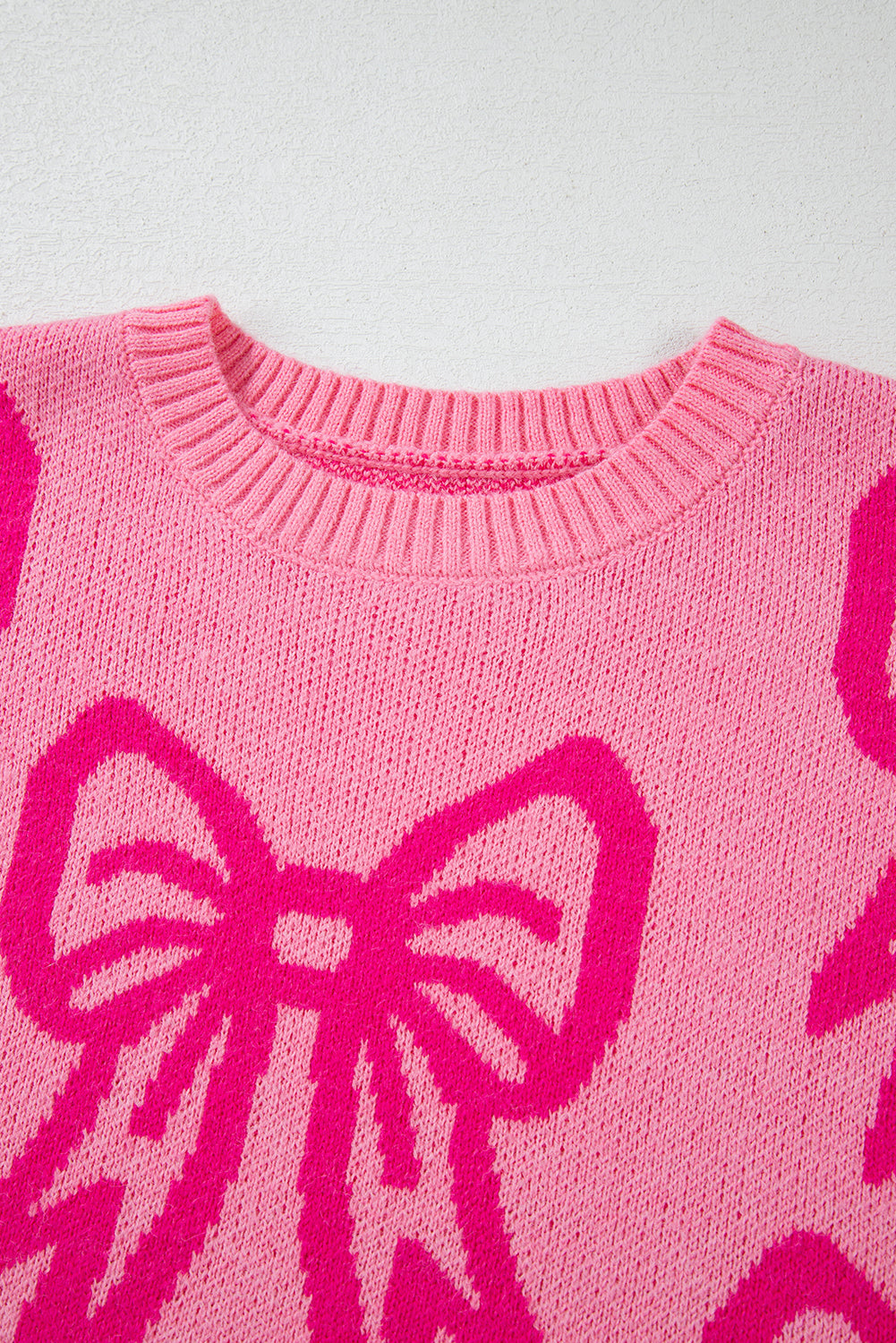 Pink Bow Pattern Drop Sleeve Loose Sweater