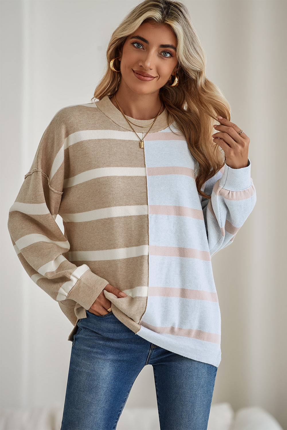 Khaki Stripe Exposed Seam Loose Sweatshirts