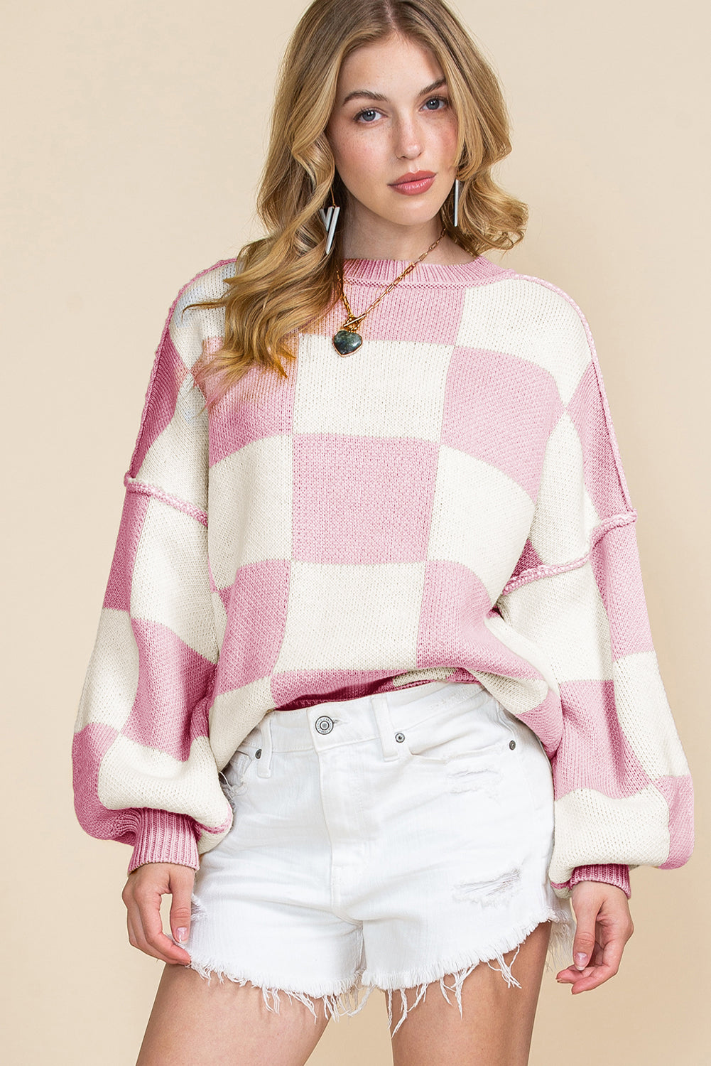 Rose Checkered Bishop Sleeve Pullover Sweater