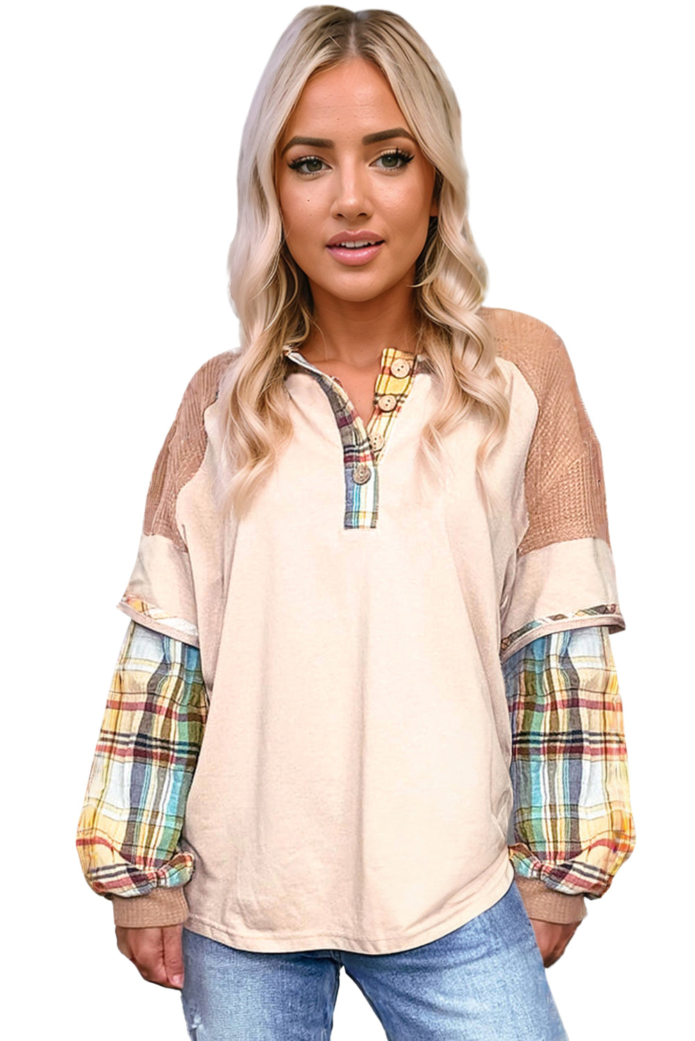 Parchment Plus Size Plaid Waffle Patchwork Henley Top