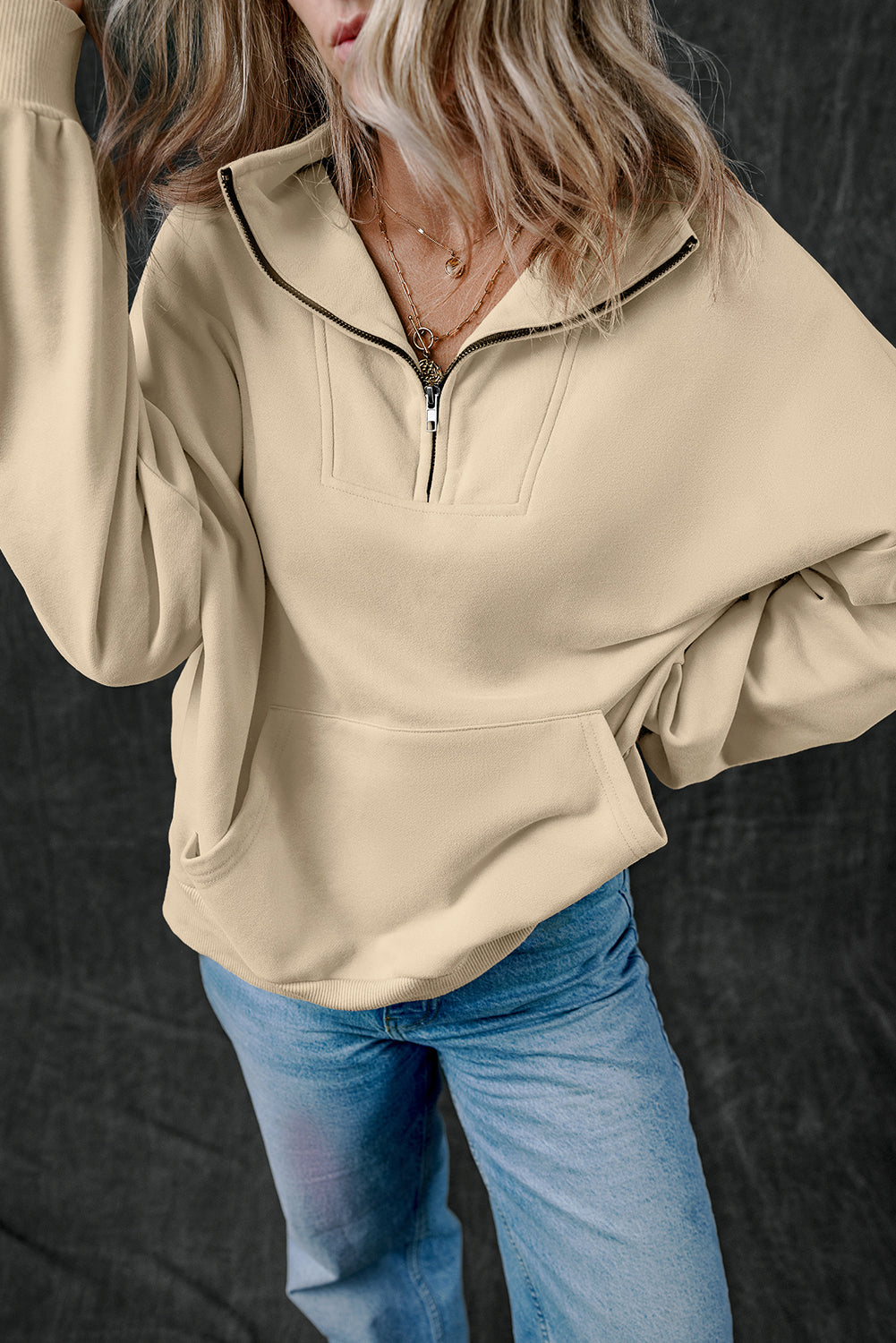 Bonbon Zip-up Stand Neck Kangaroo Pocket Sweatshirt