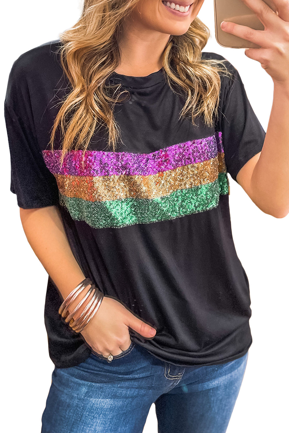 Black Colorblock Sequin Mardi Gras Crewneck T Shirt