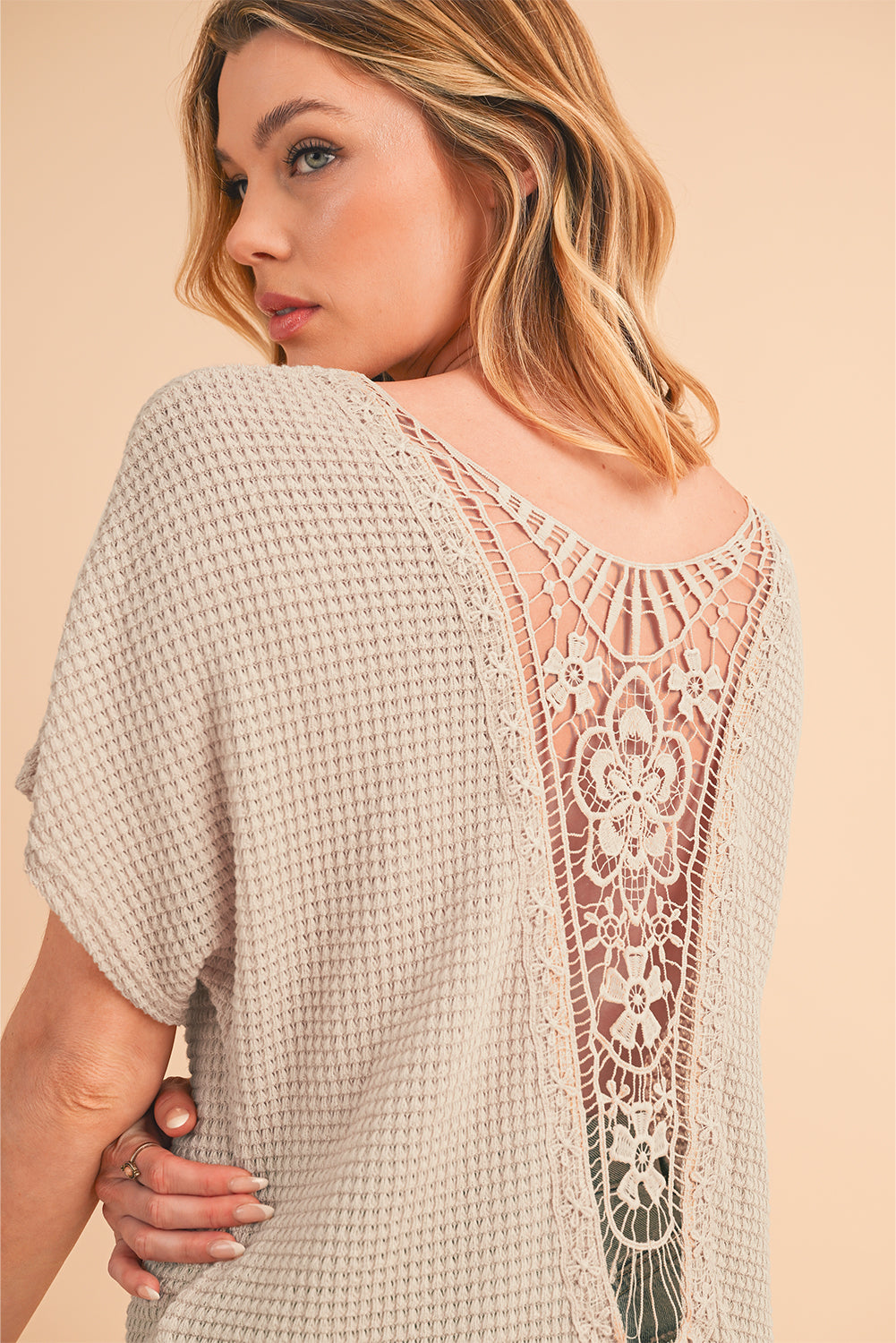 Oatmeal Lace Back Waffle Textured T-shirt