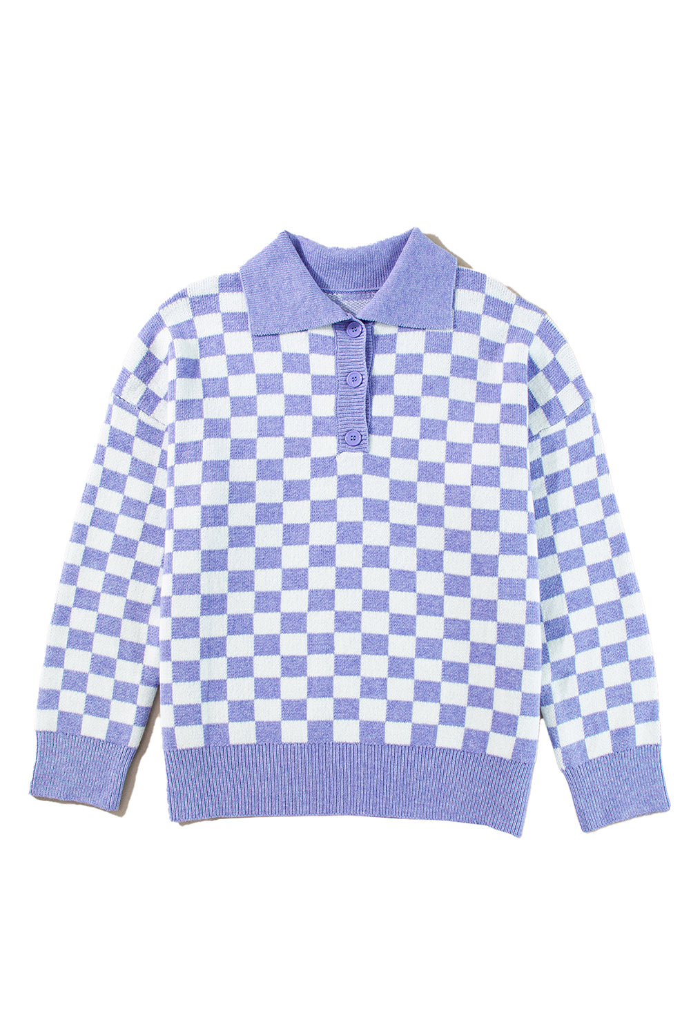 Purple Checkered Collared Buttons Plus Size Sweater