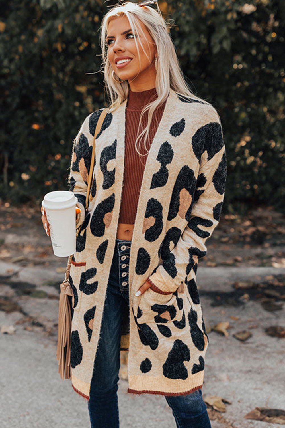 Leopard Print Open Front Pockets Midi Cardigan