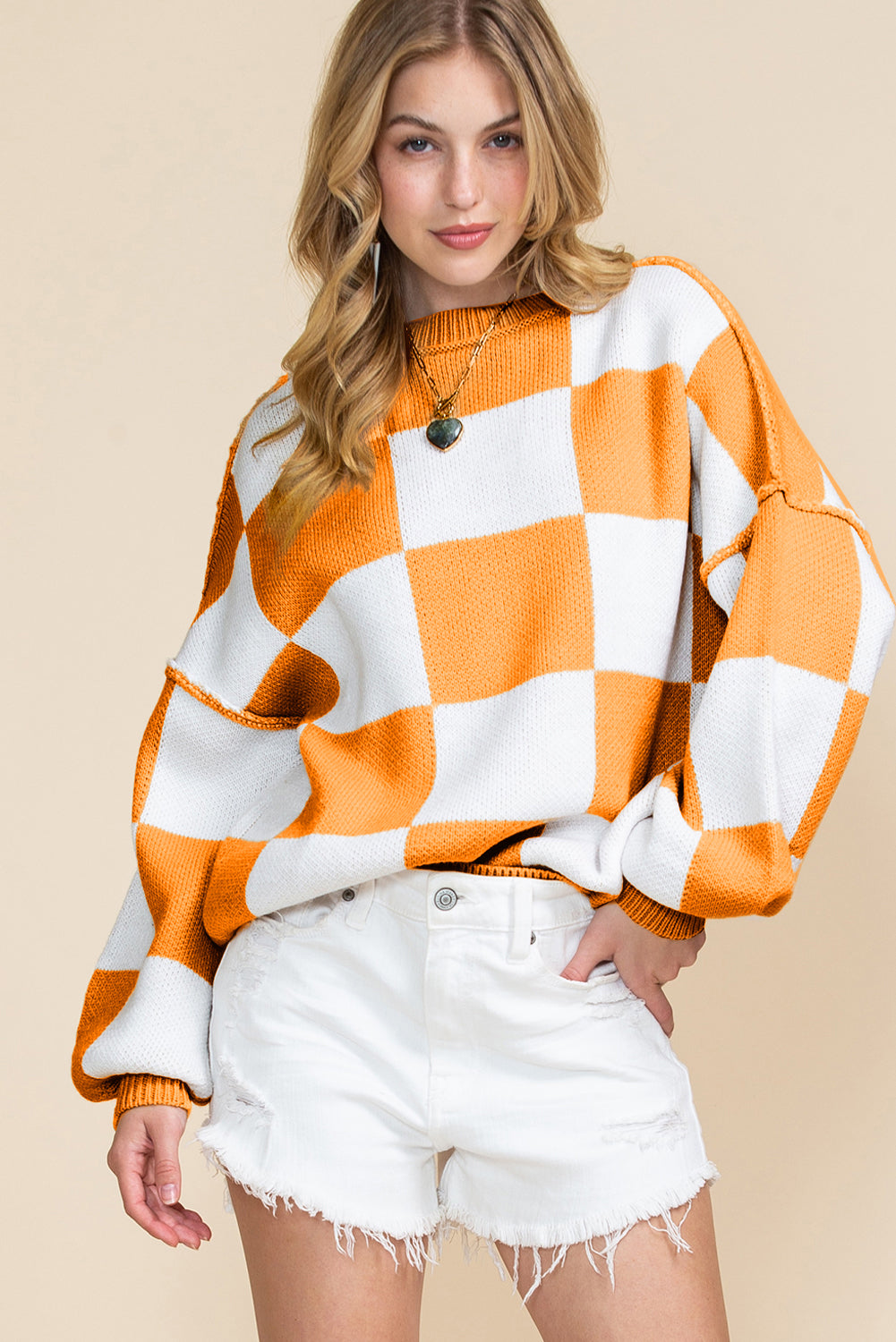 Rose Checkered Bishop Sleeve Pullover Sweater