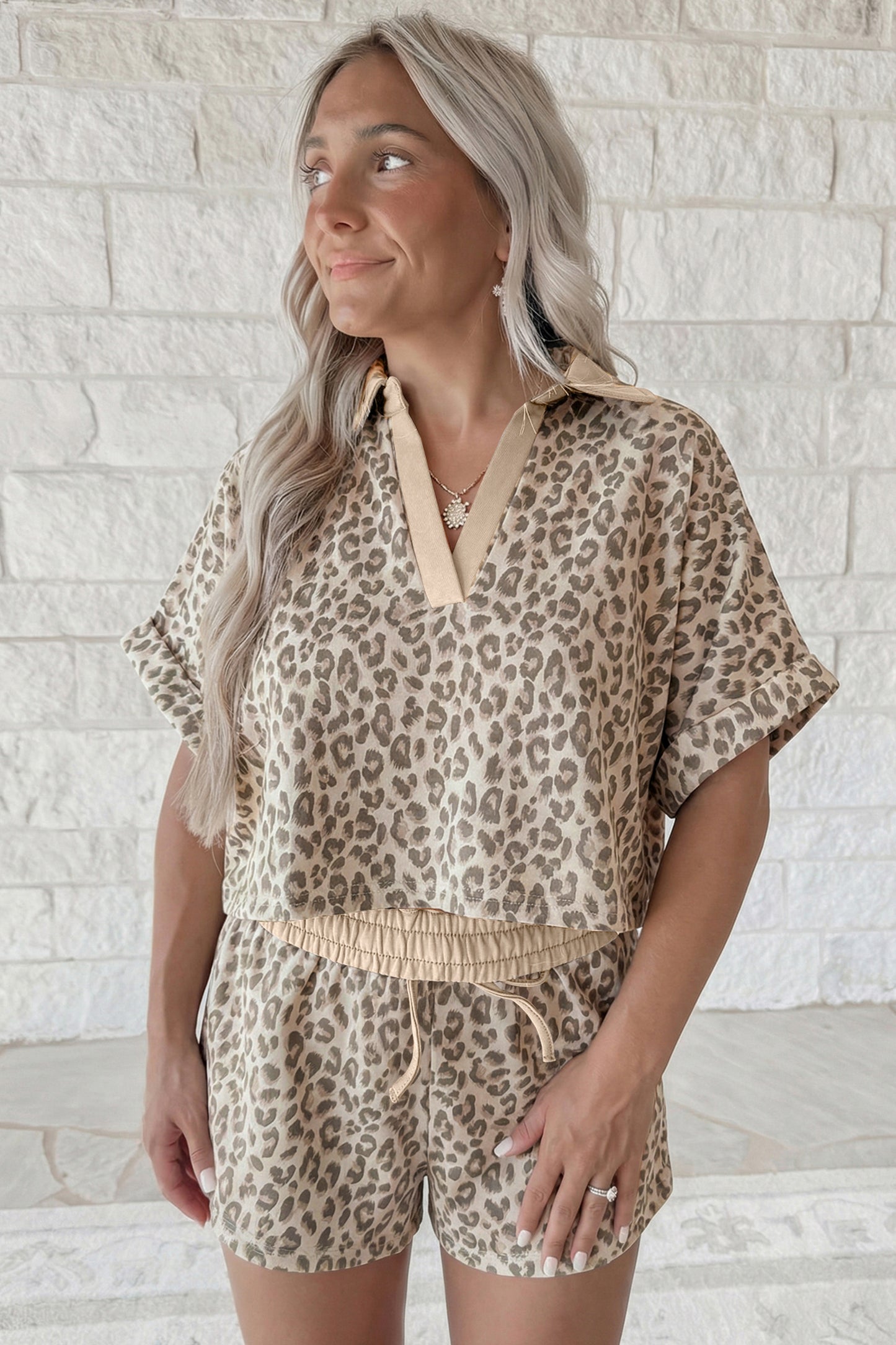 Khaki V Neck Collar Leopard Printed 2pcs Short Set