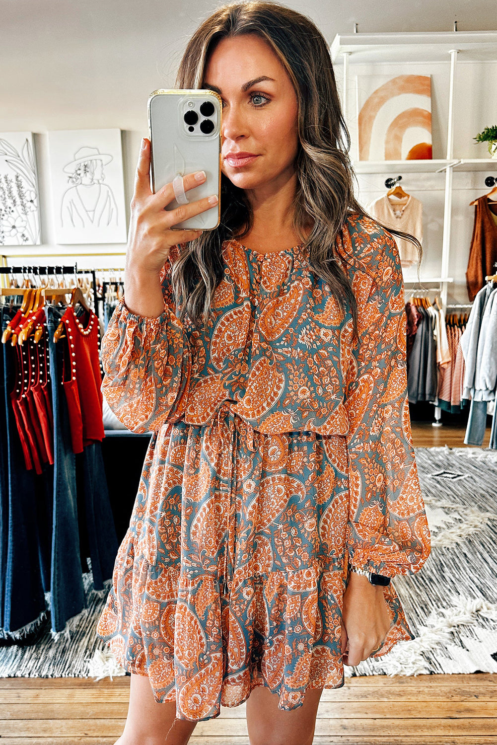 Orange Paisley Print Loose Fit Drawstring High Waist Mini Dress