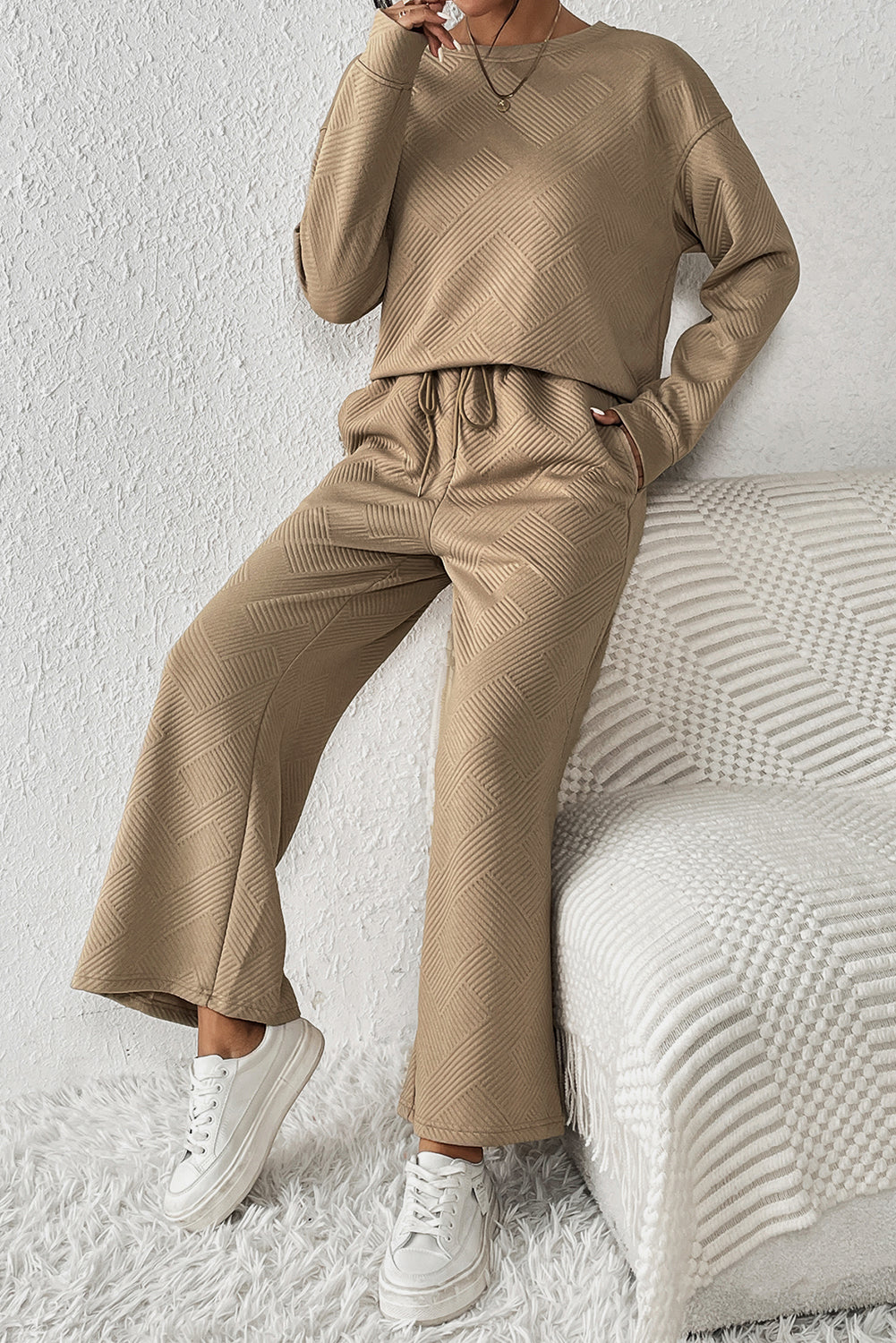 Dark Brown Textured Loose Slouchy Long Sleeve Top and Pants Set