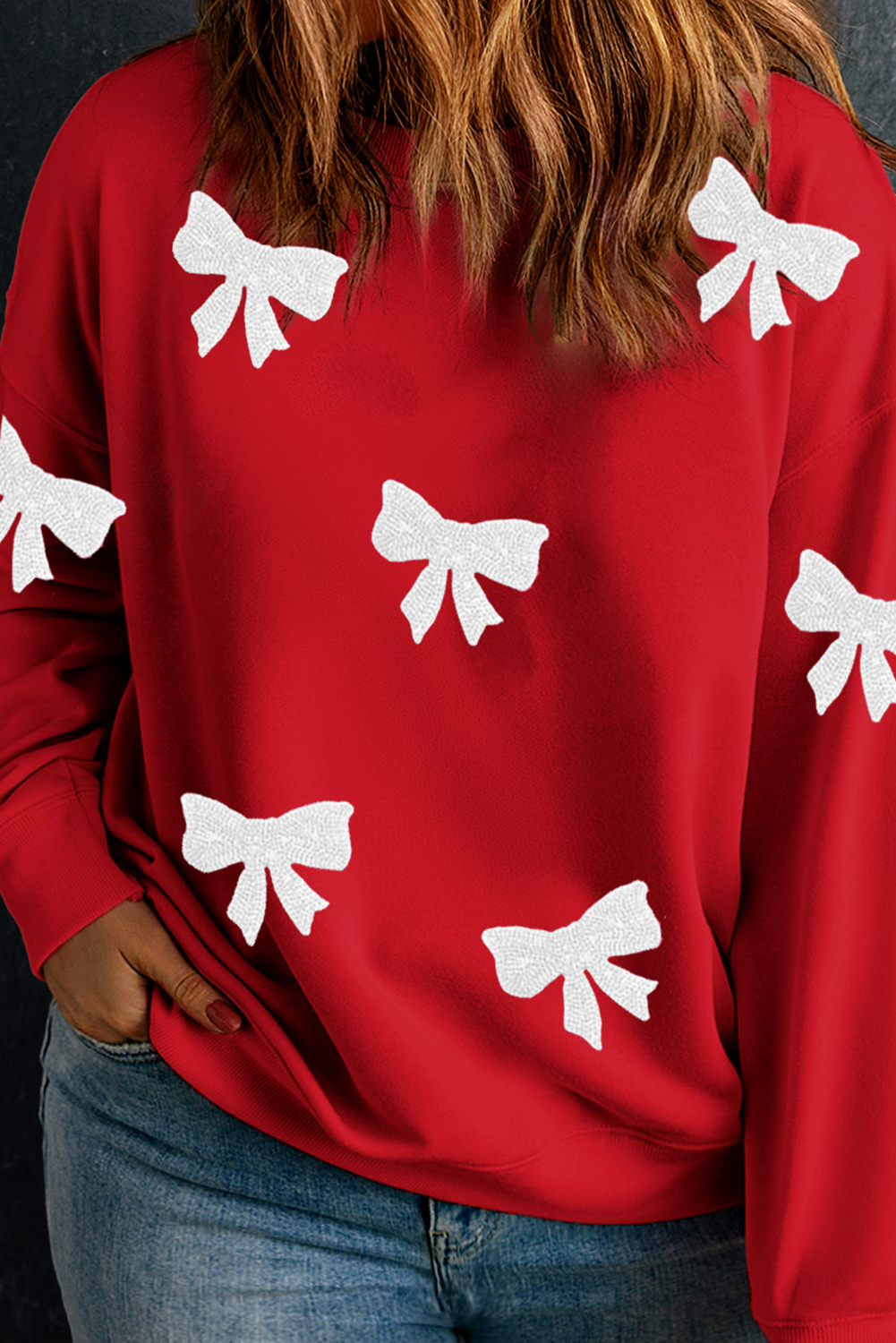 Racing Red Bow Pattern Drop Shoulder Crewneck Sweatshirt